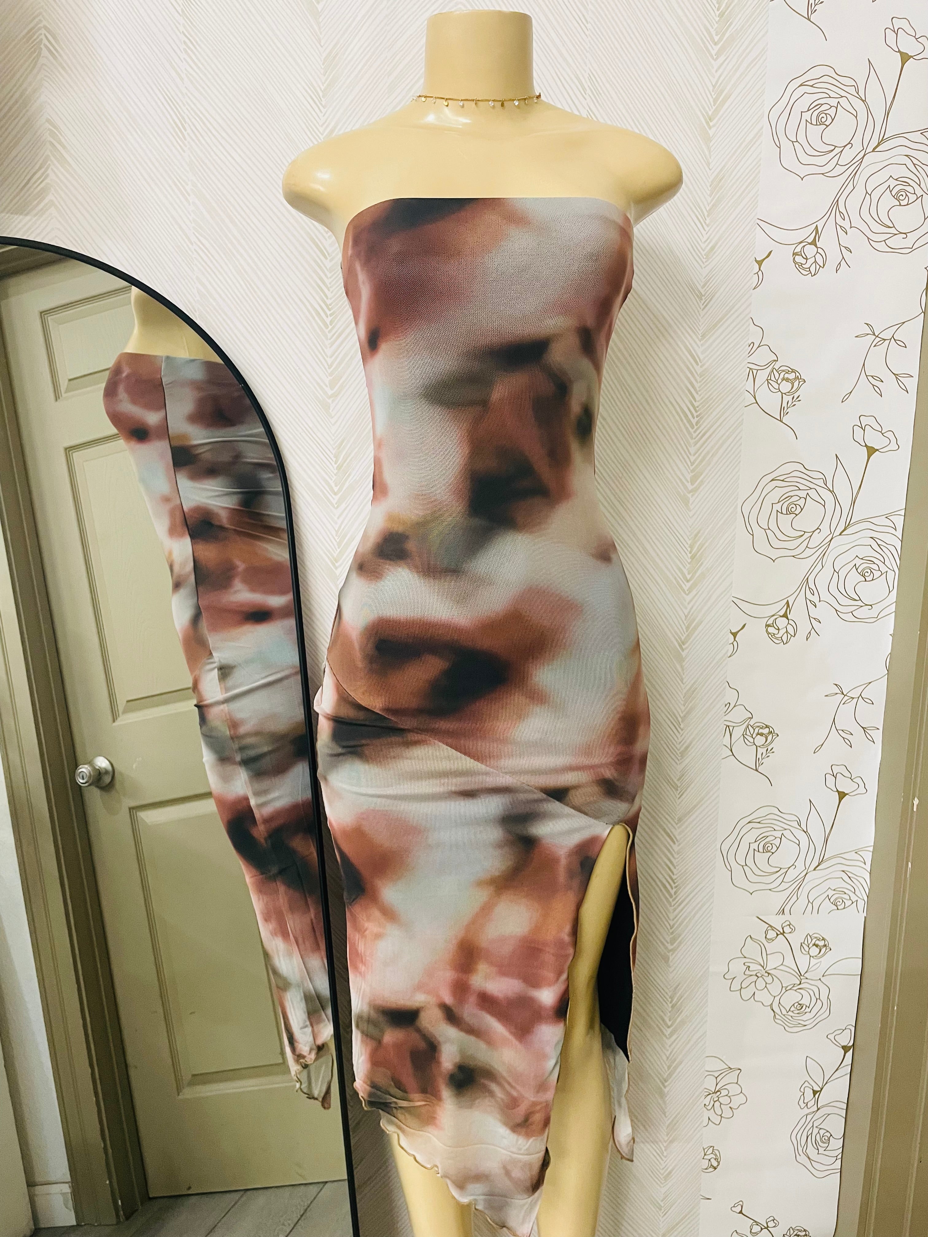 Printed mesh strapless midi dress
