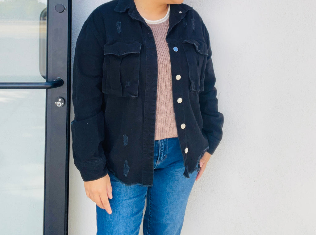 Oversized distressed denim jacket