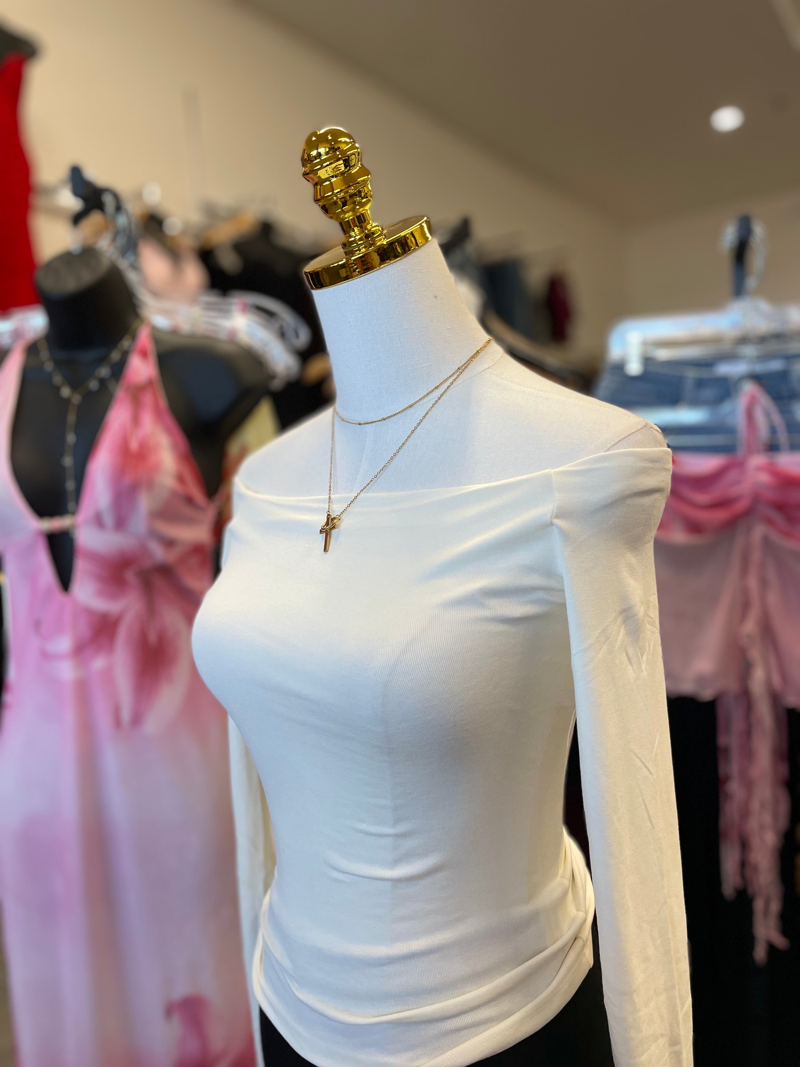 Cream long sleeve off shoulder Knit top