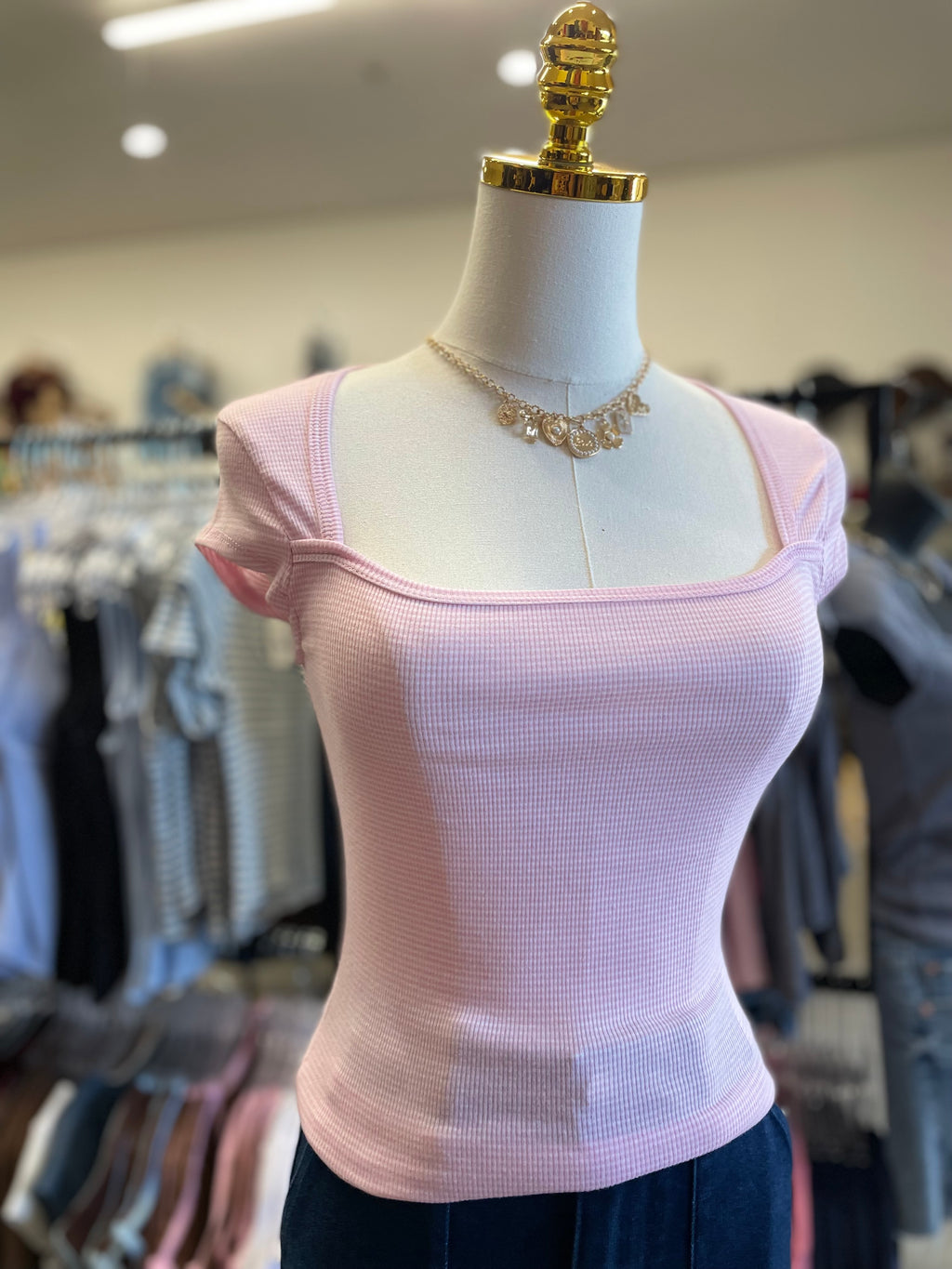 Pink/Soft White Stripe Square neck Sleeve Top