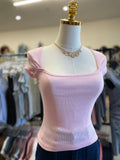 Pink/Soft White Stripe Square neck Sleeve Top