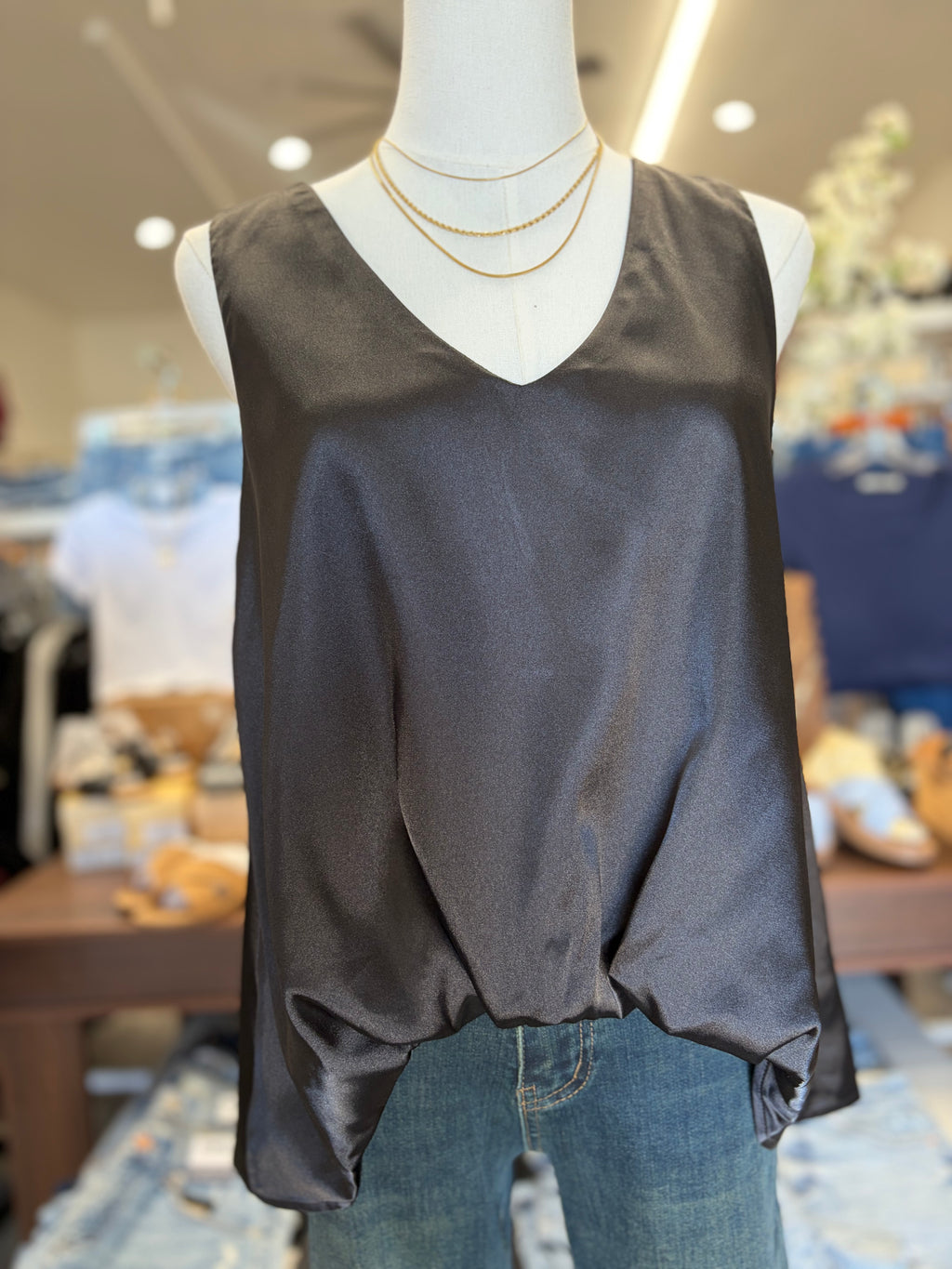 V Neck Satin Puffy Hem Blouse