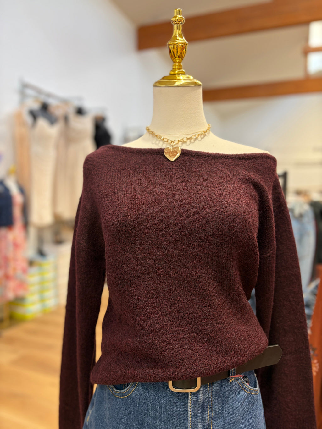 Burgundy Asymmetrical Neckline Sweater