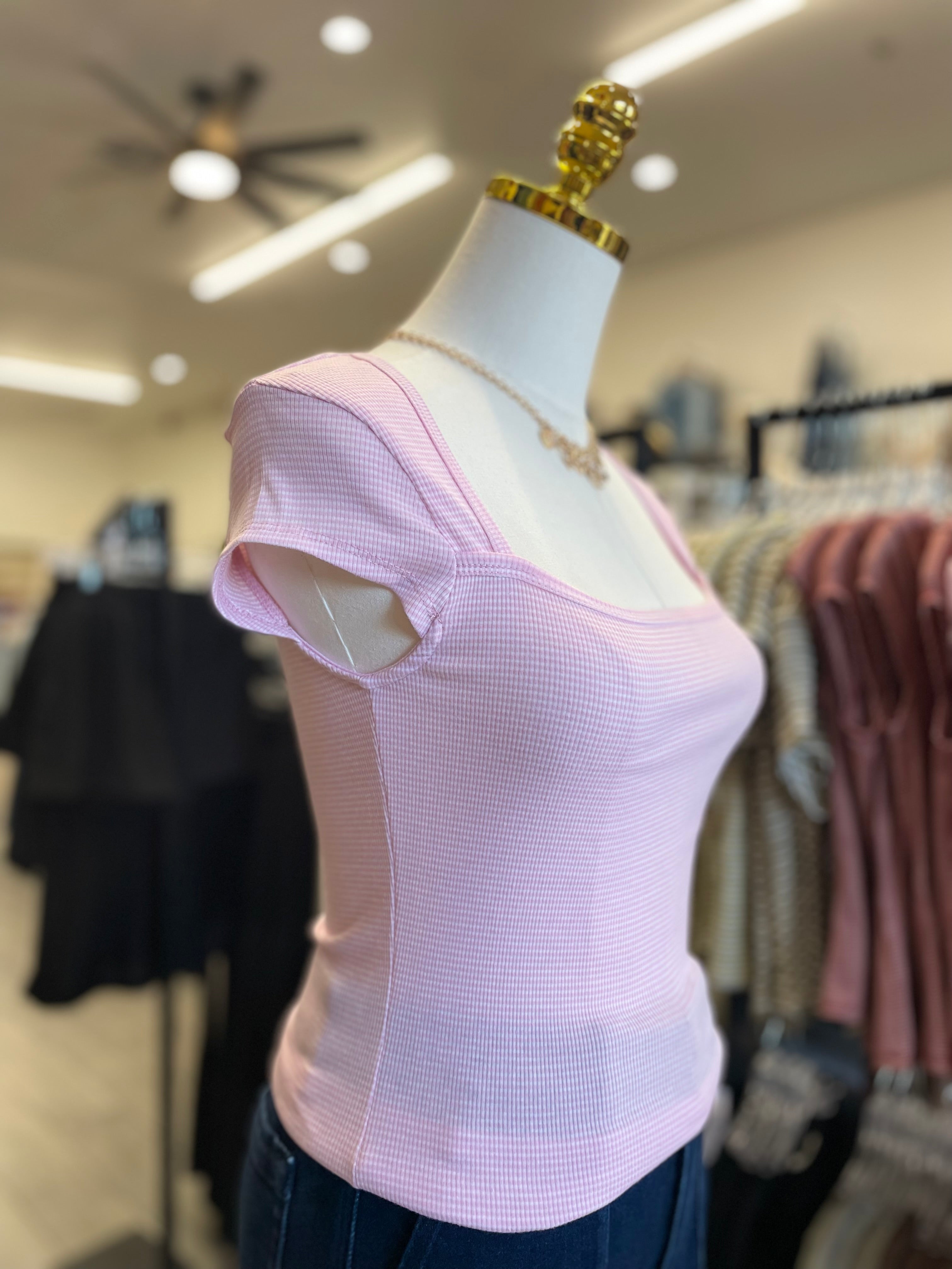 Pink/Soft White Stripe Square neck Sleeve Top