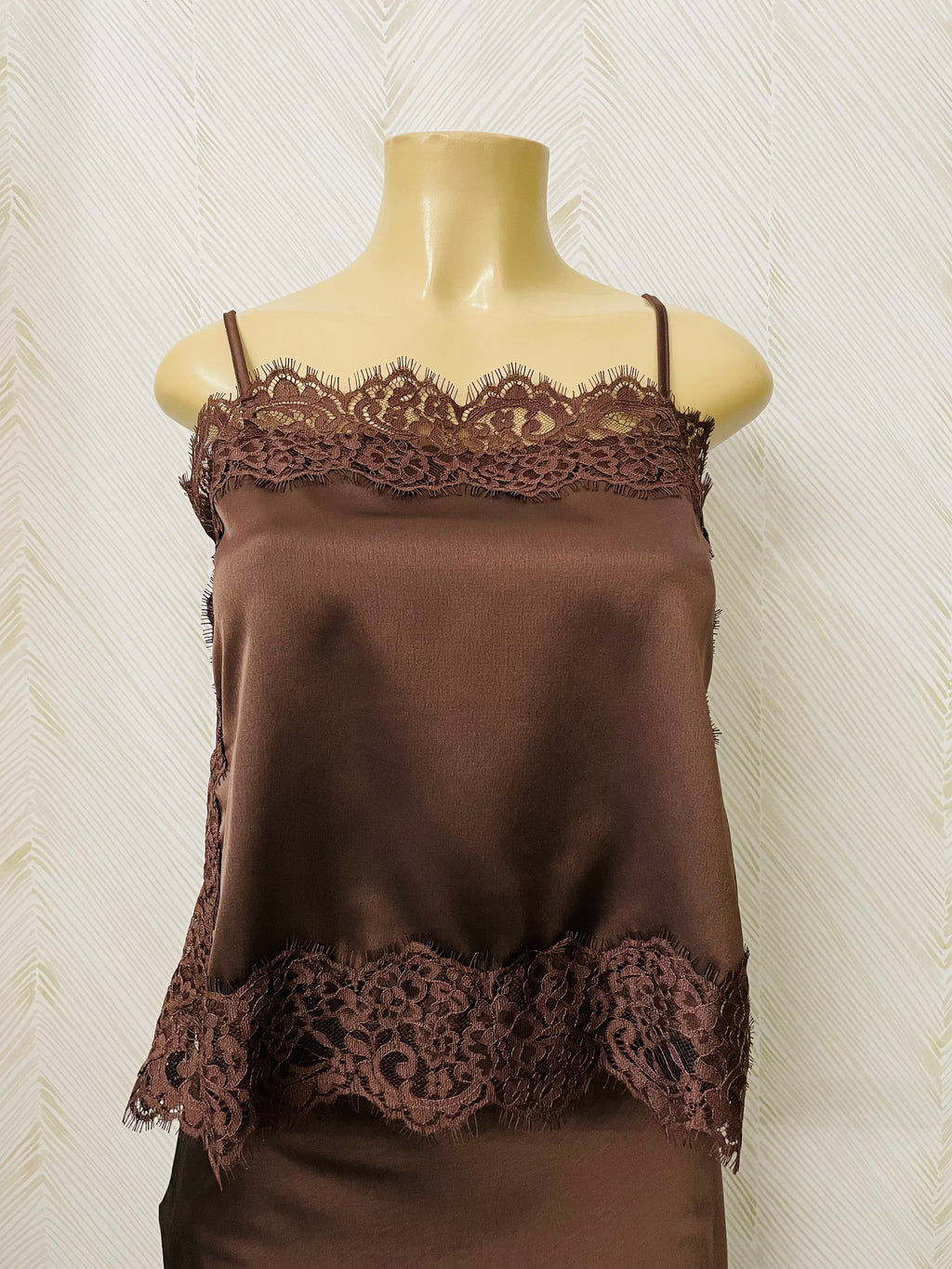 Brown satin lace trim detail cami