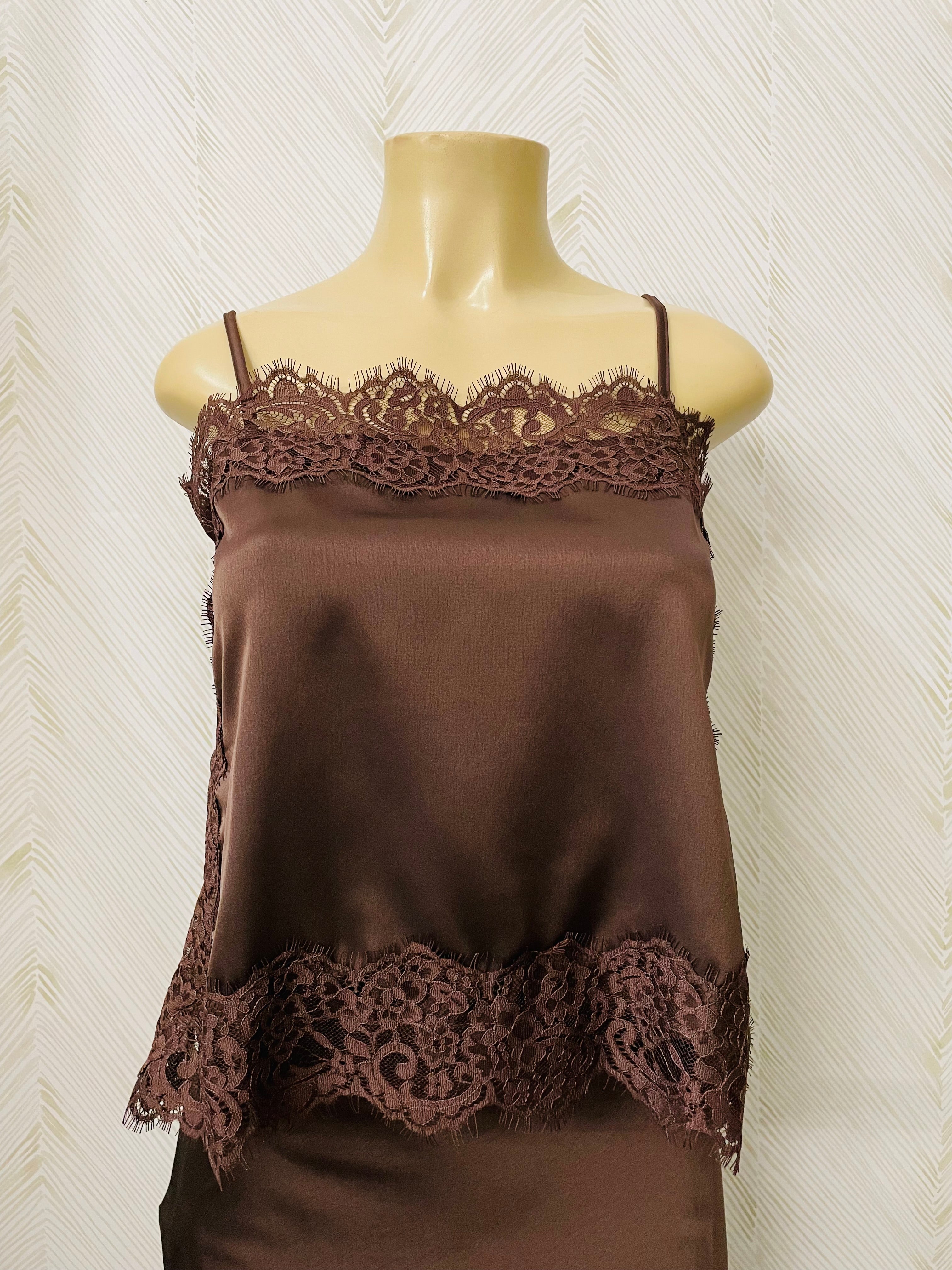 Brown satin lace trim detail cami