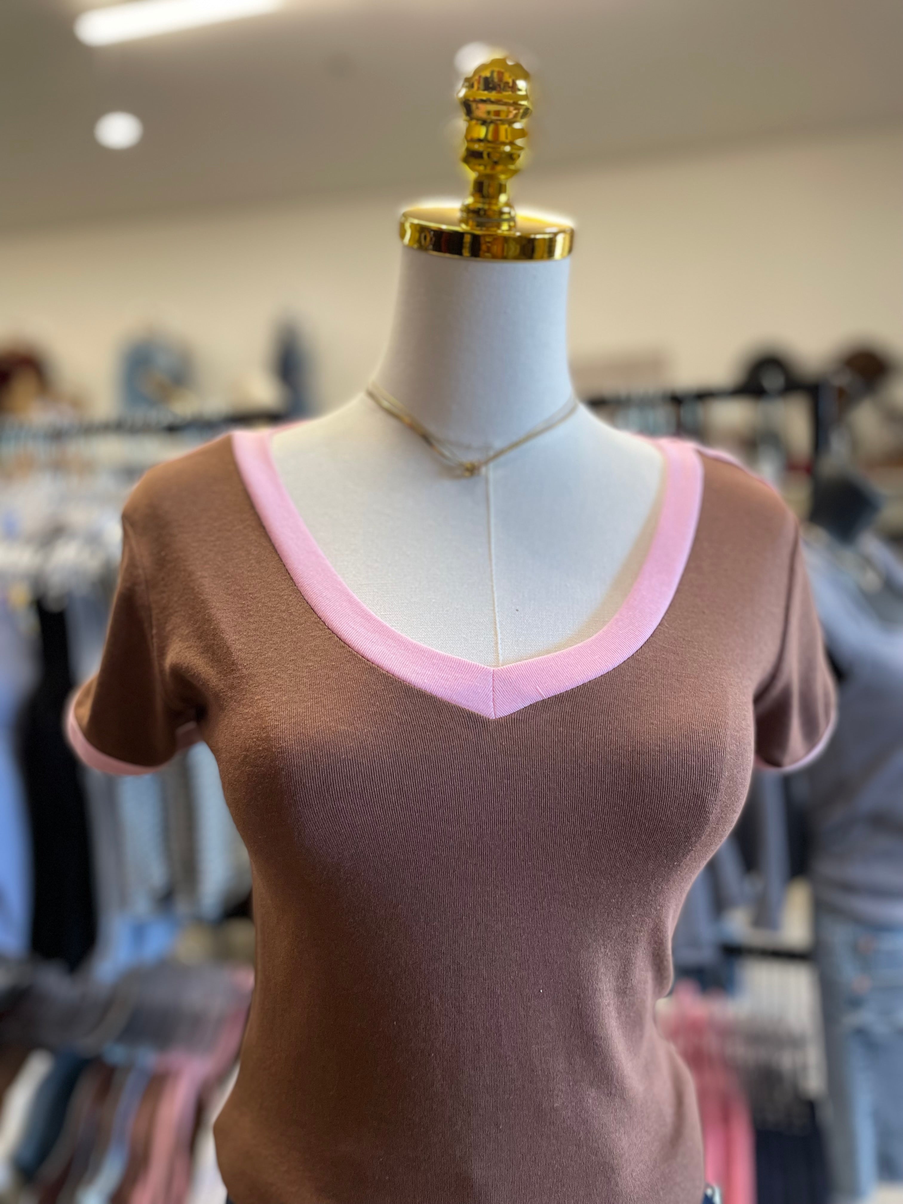 Deep Choco/Pink V Neck baby tee