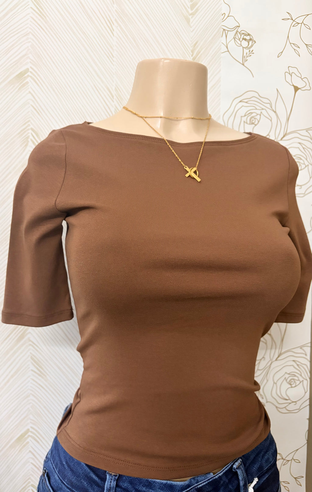 Brown Boat Neck 1/2 Sleeve Top