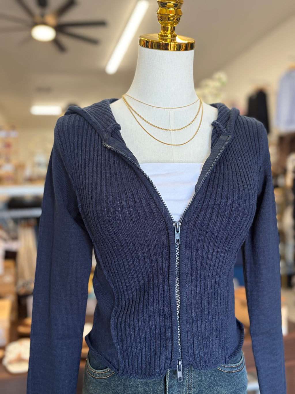 Navy Two-Way Zip Up Sweater