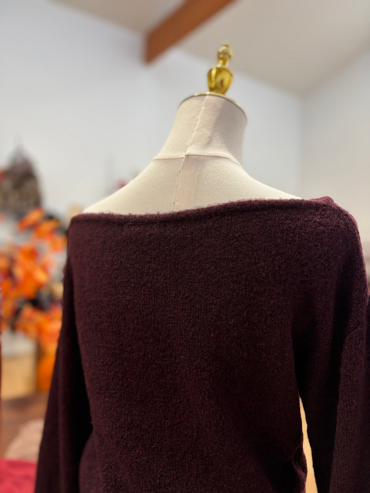 Burgundy Asymmetrical Neckline Sweater
