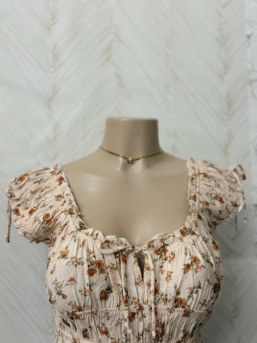 Beige Floral Waist Ruffled Top