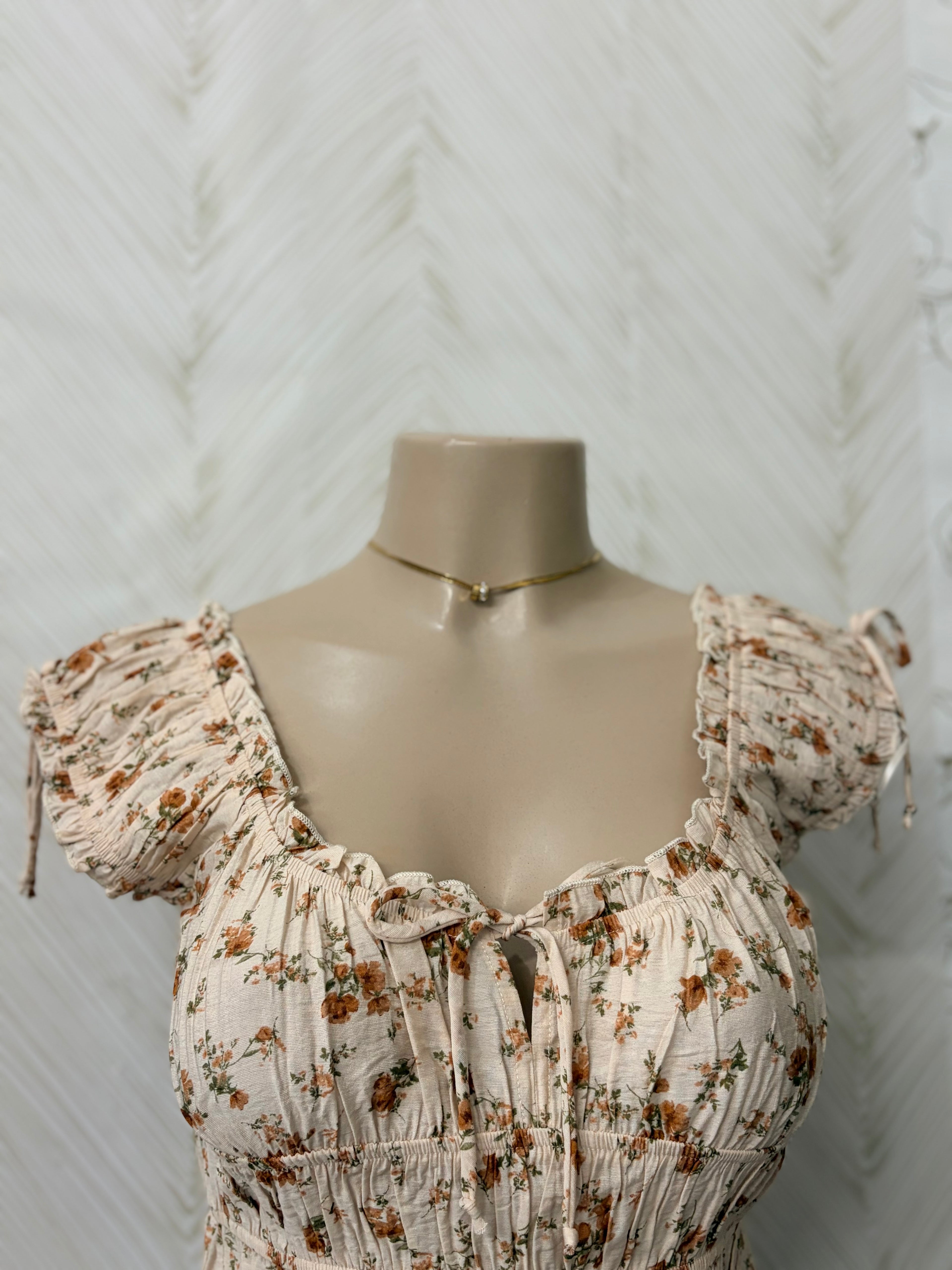 Beige Floral Waist Ruffled Top