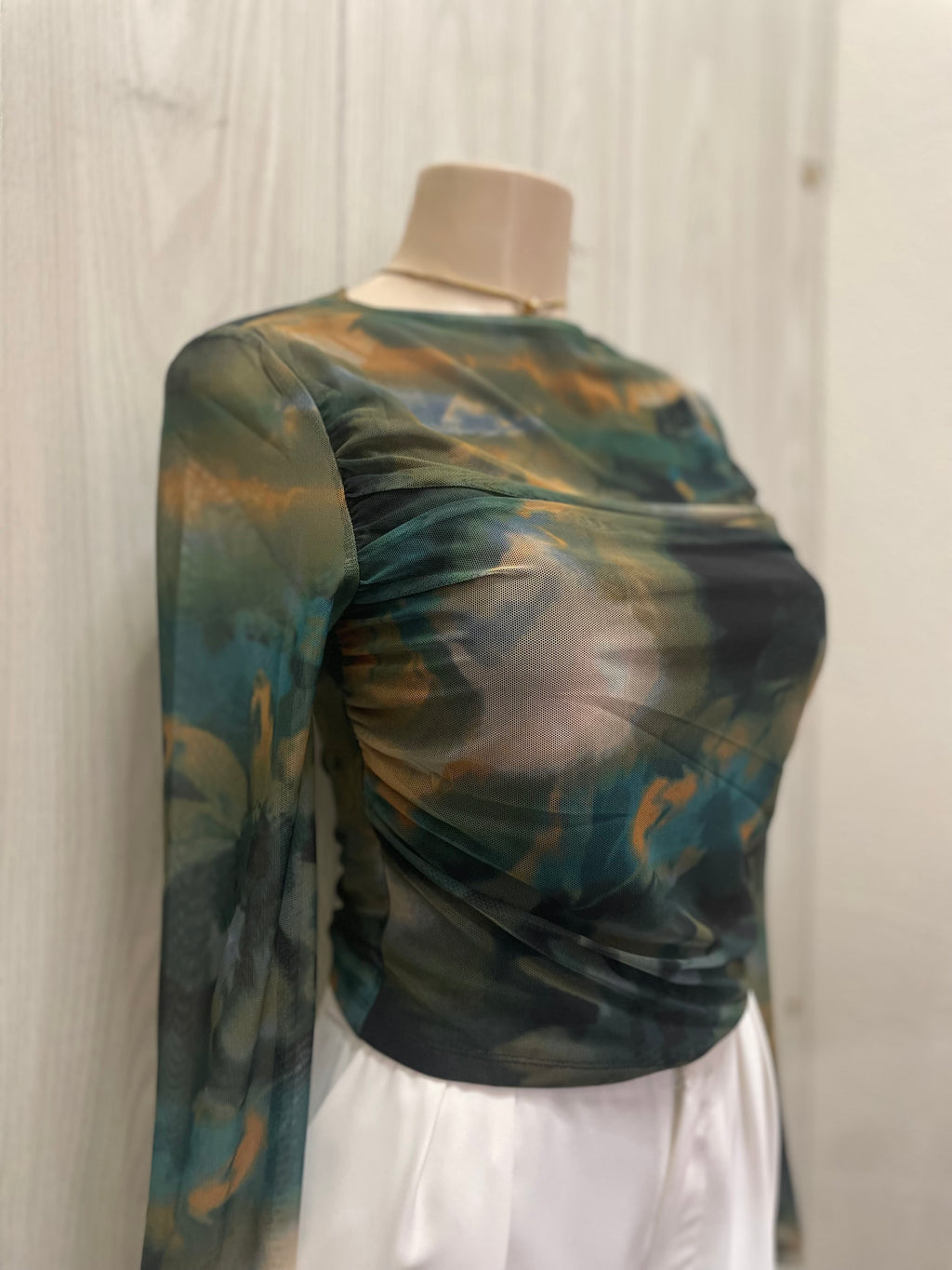 Jade/Tan Printed Mesh Long sleeve