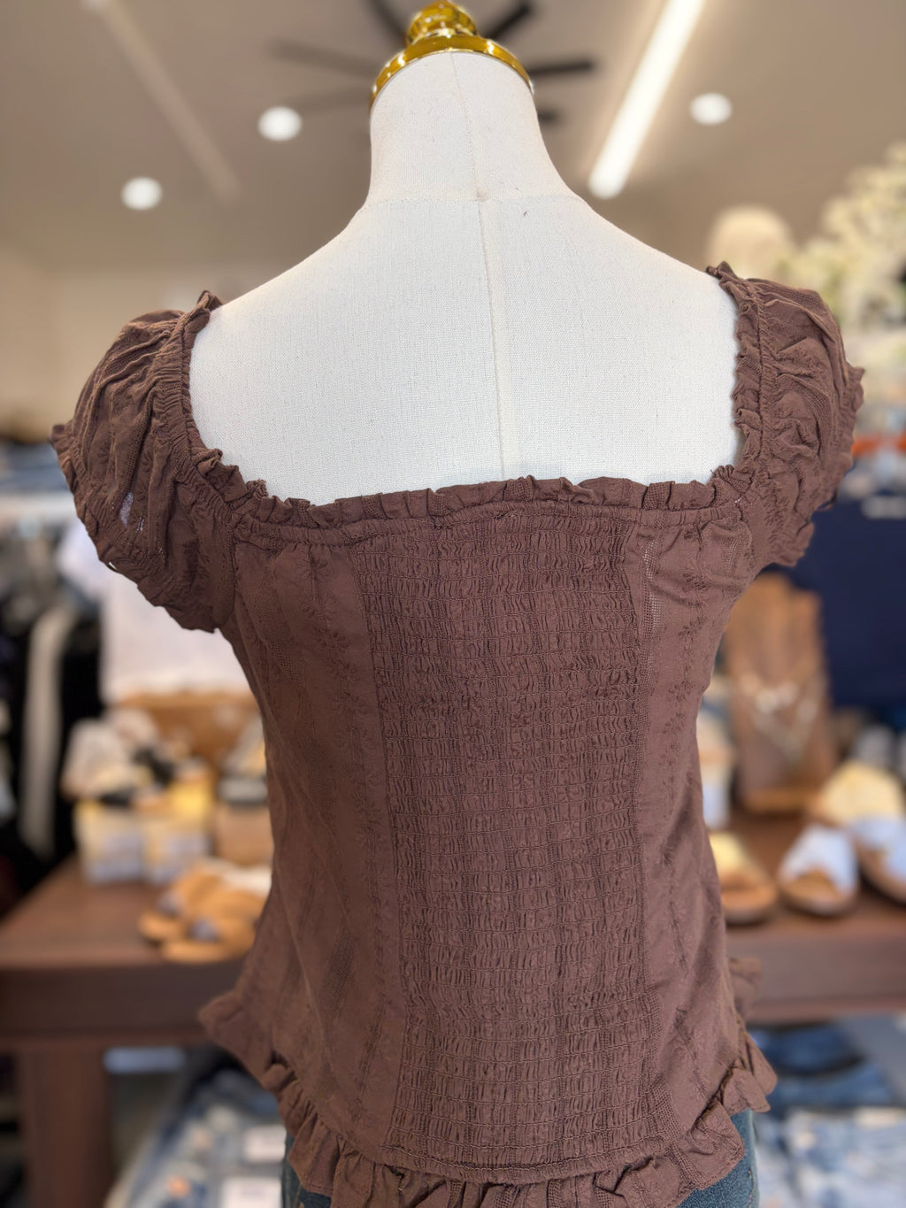 Brown Ruffle Trim Top