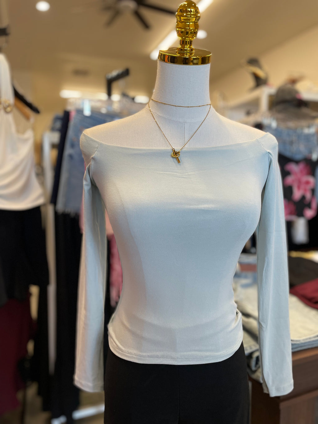 Mint long sleeve off shoulder knit top