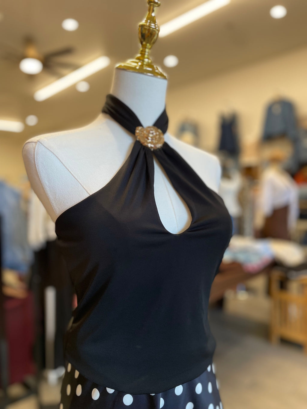 Black Shell Trim Cut Out Halter Tank Top