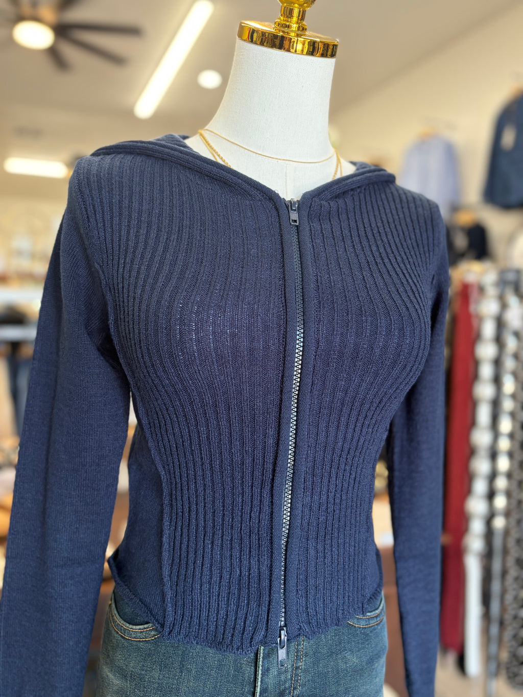 Navy Two-Way Zip Up Sweater