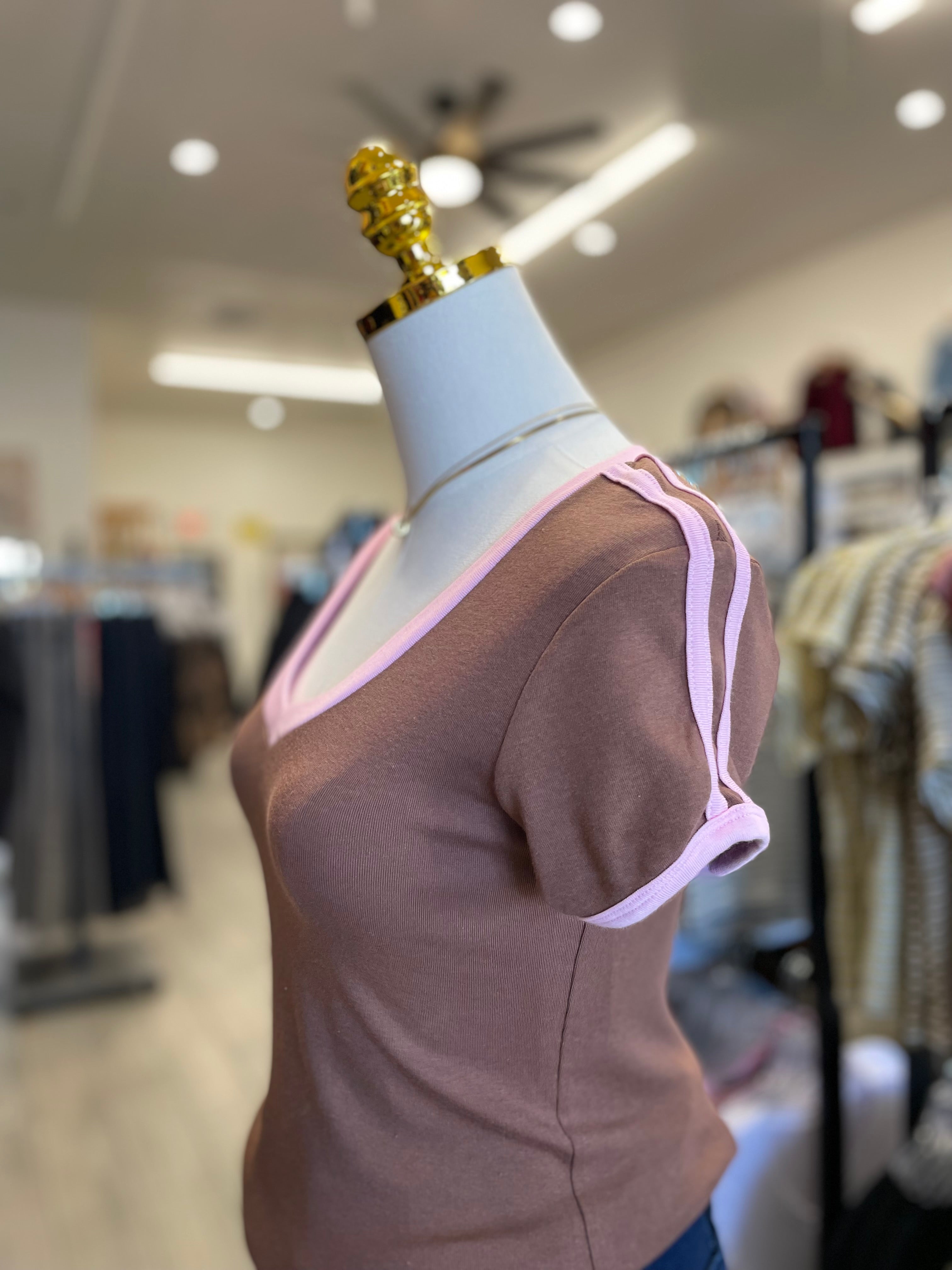 Deep Choco/Pink V Neck baby tee