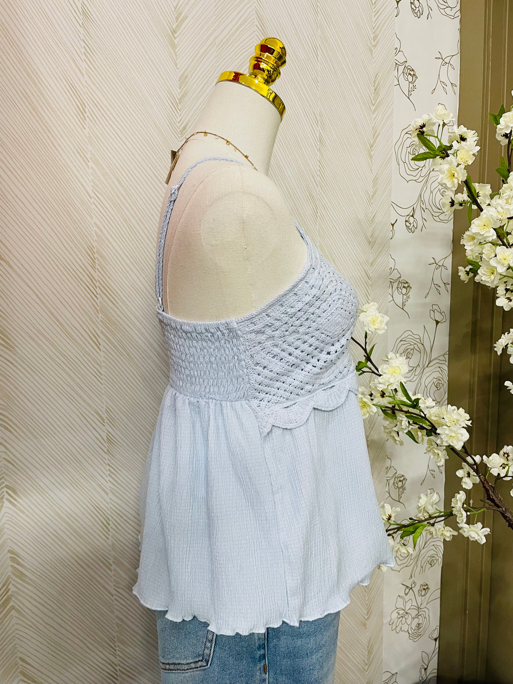 Blue crochet detail top