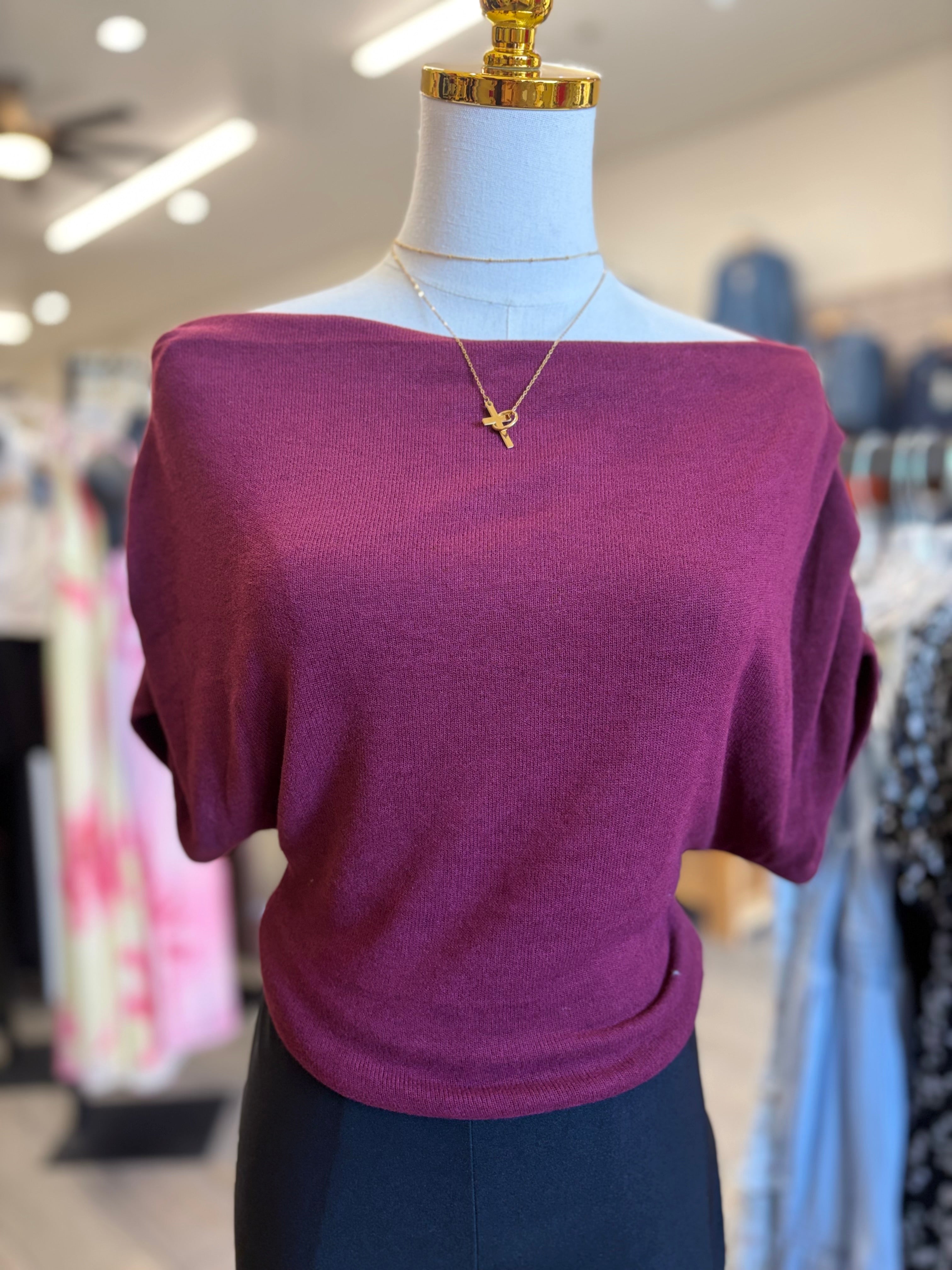 Burgundy One shoulder Ruched Short sleeve knit top