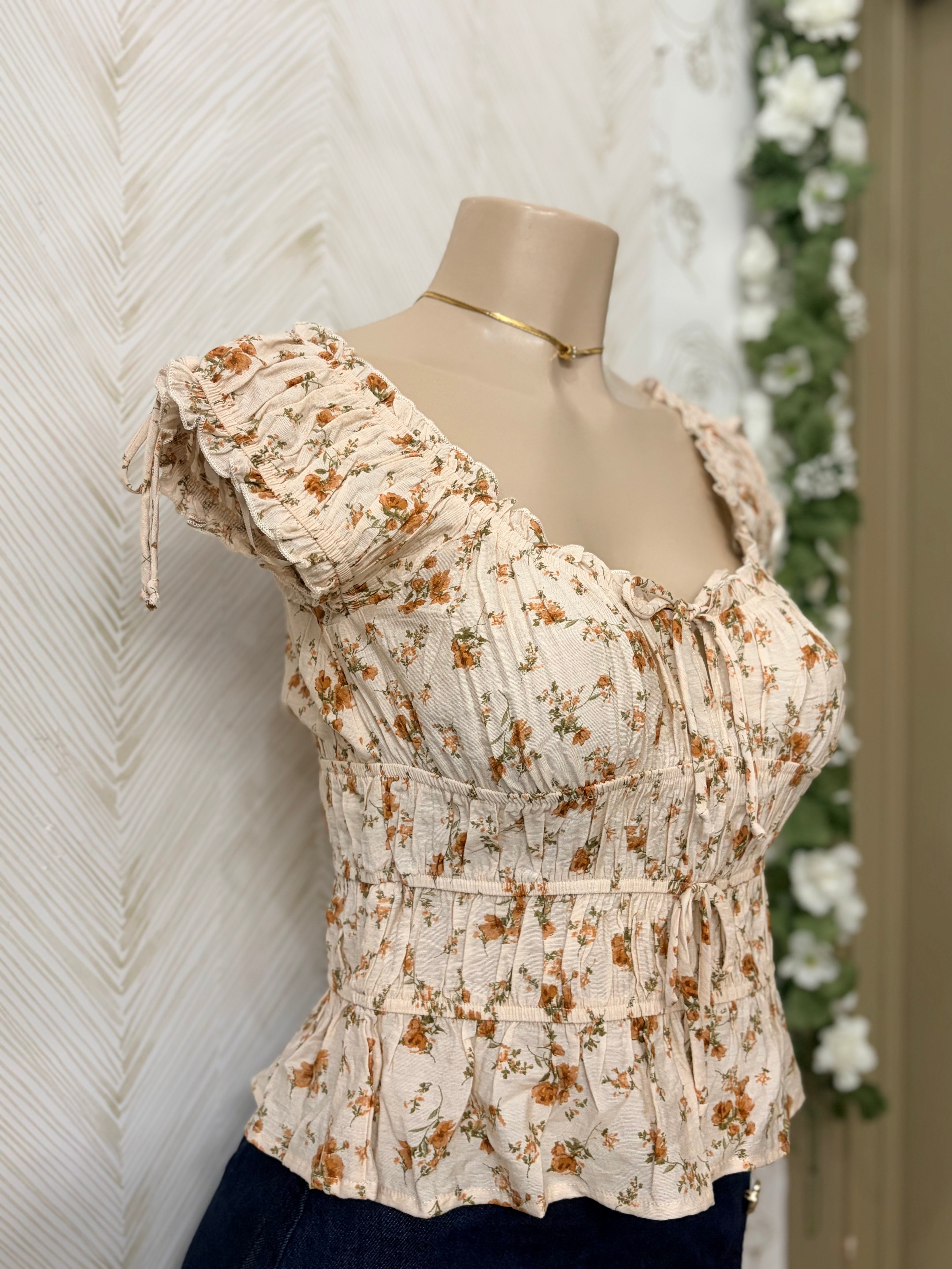 Beige Floral Waist Ruffled Top