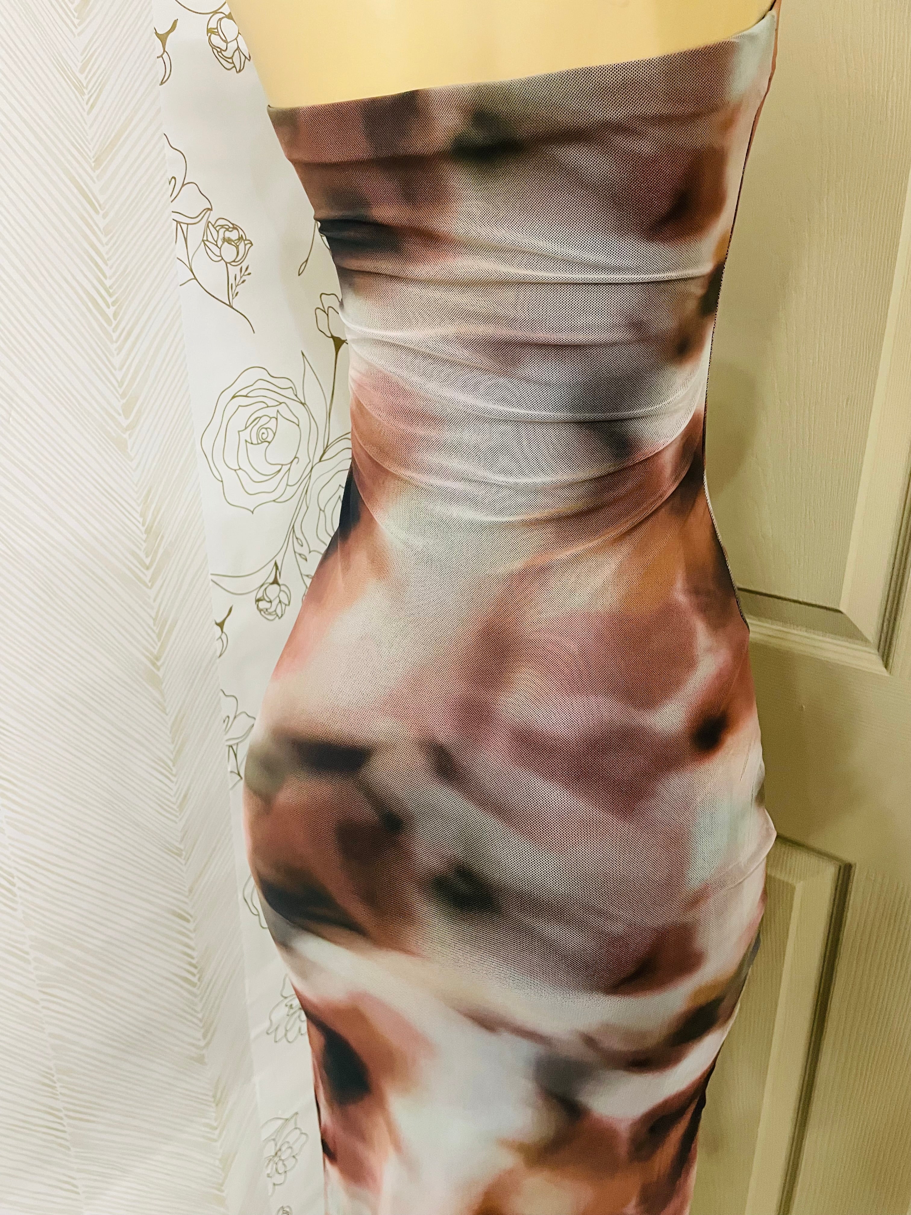Printed mesh strapless midi dress