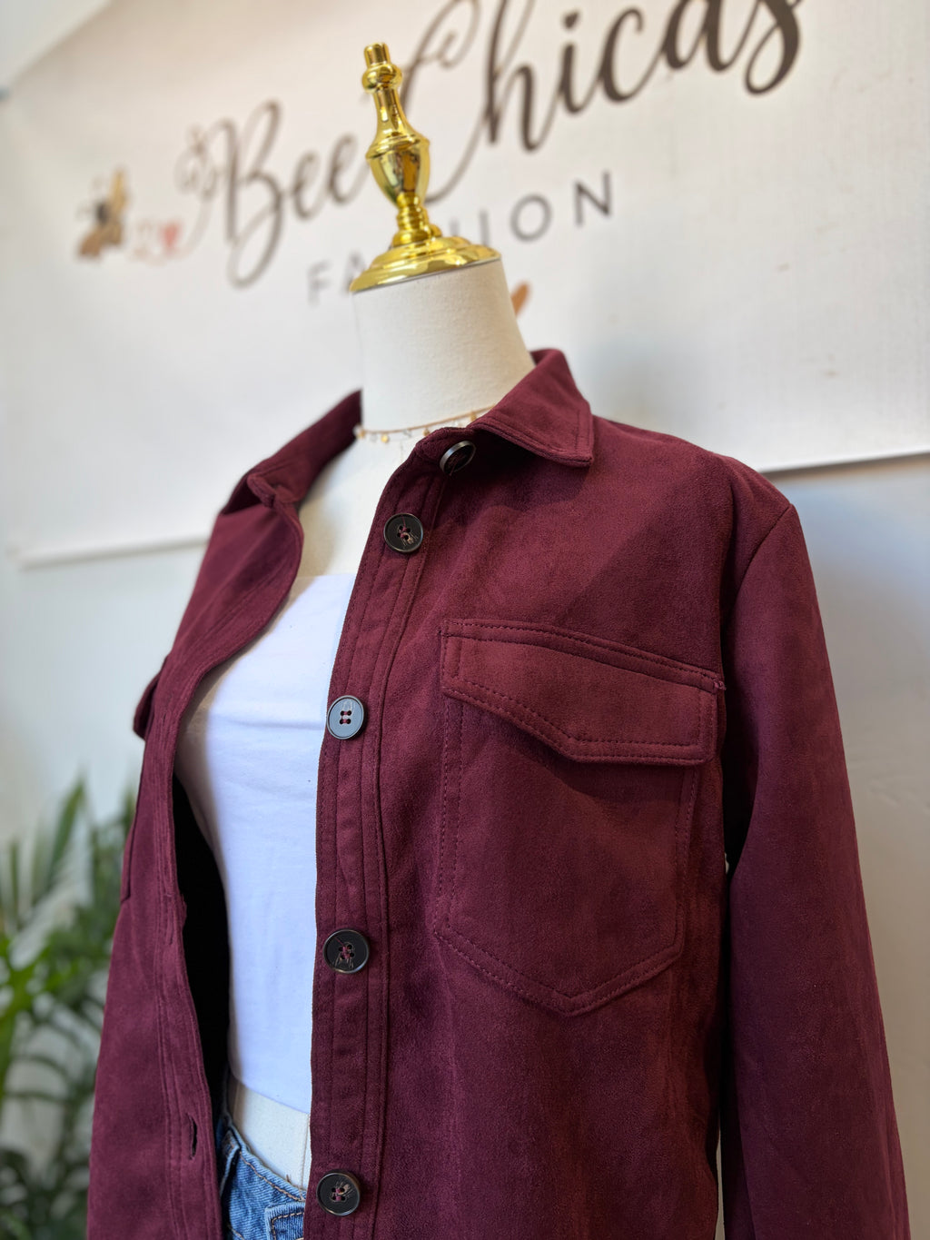 Wine Loose Fit Suede Shacket