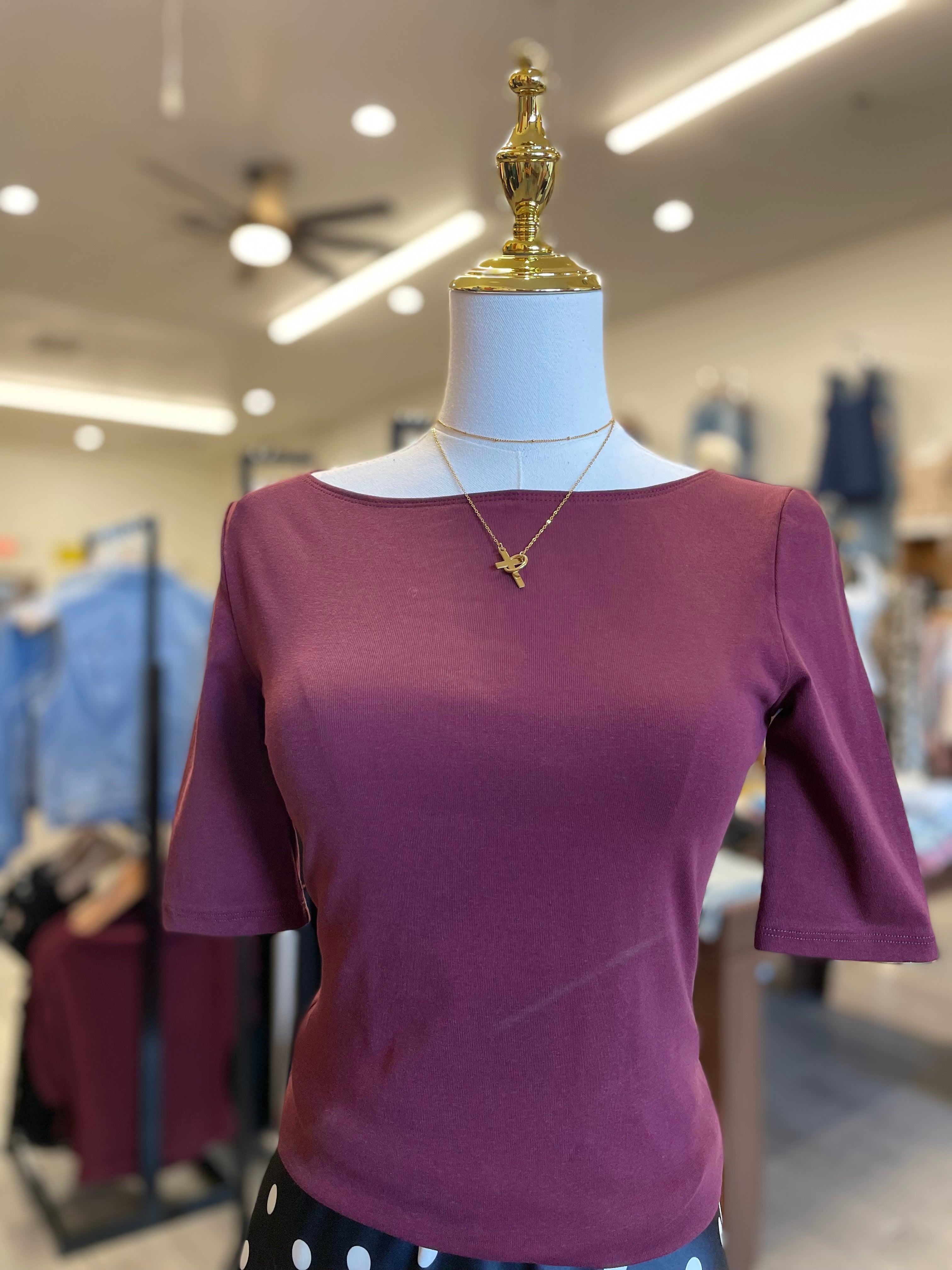 Burgundy 1/2 Sleeve Boat Neck Top