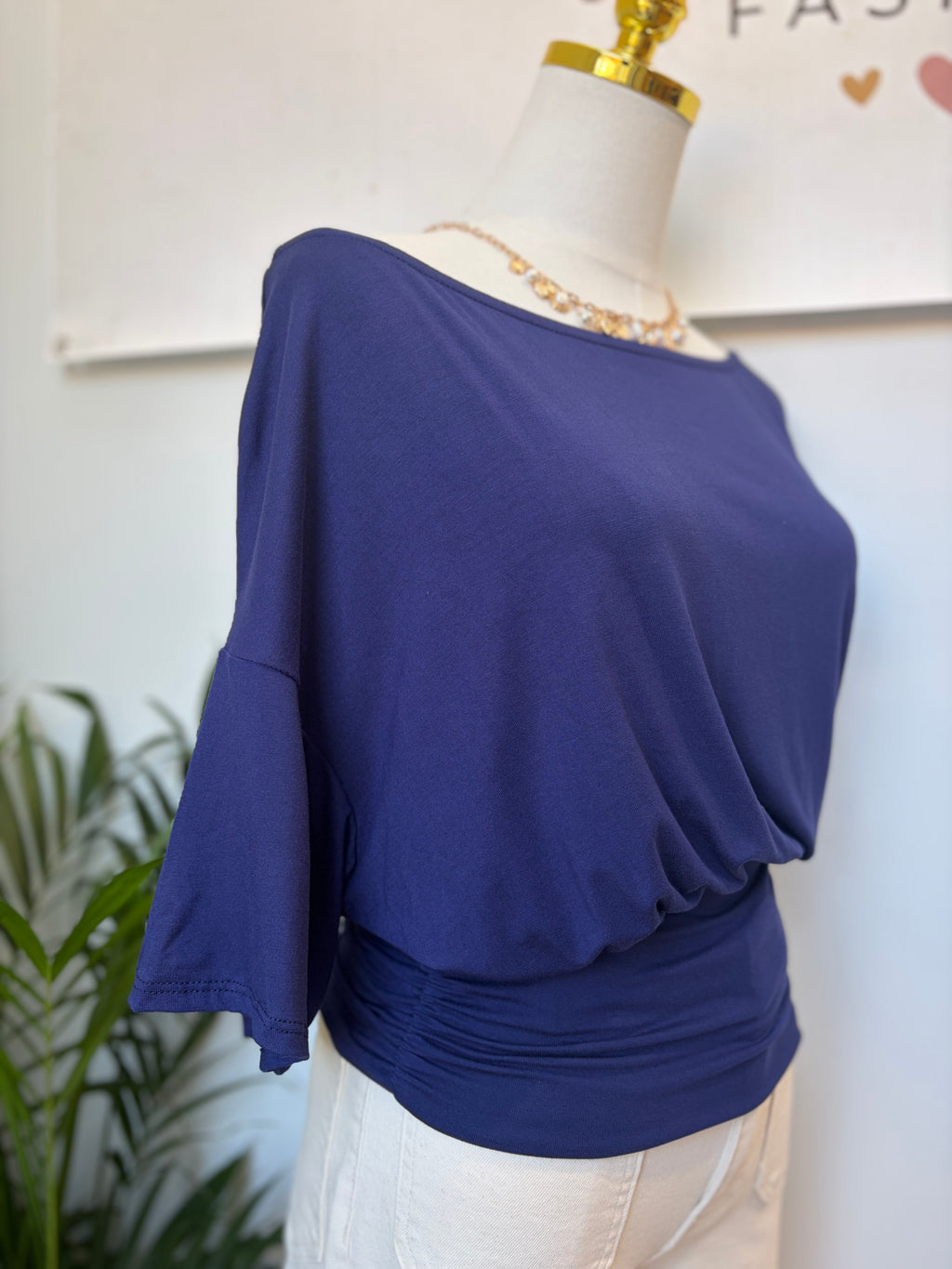 Navy Off Shoulder Ruched Blouse