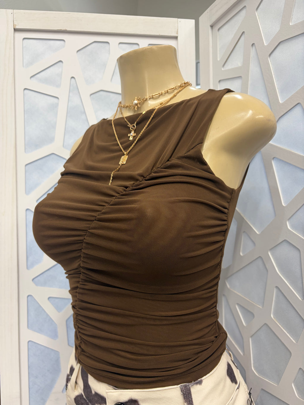 Brown Mesh Boat Neck Ruched Front Sleeveless Top