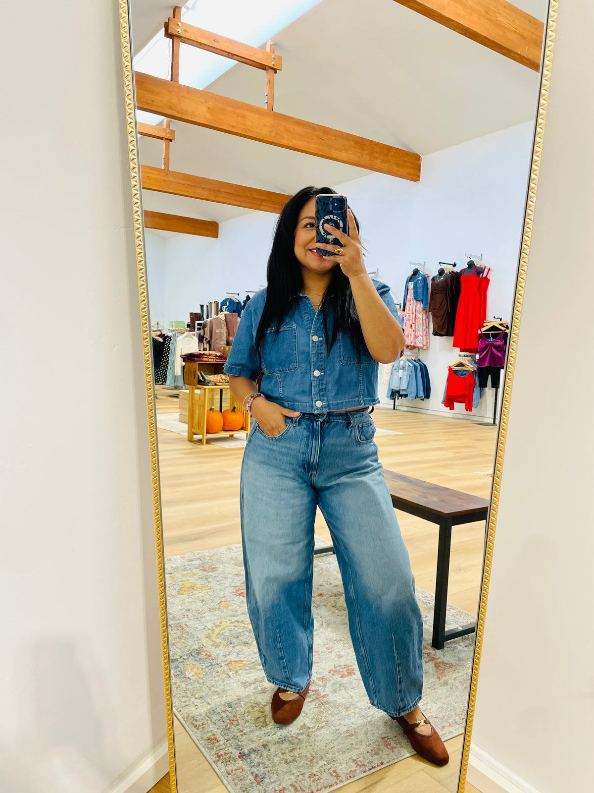 Collared button down denim top