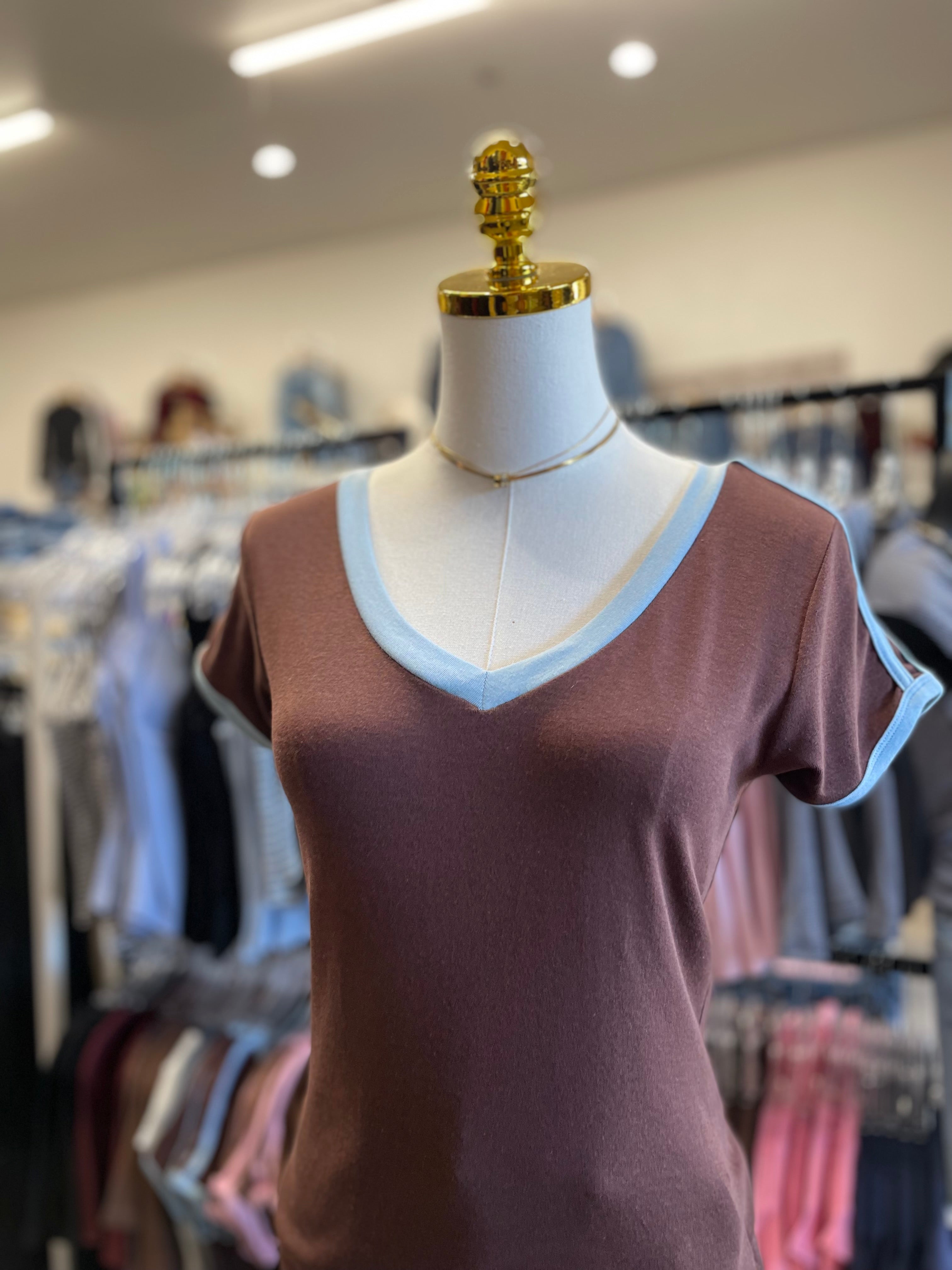 Deep Choco/Blue V Neck baby tee
