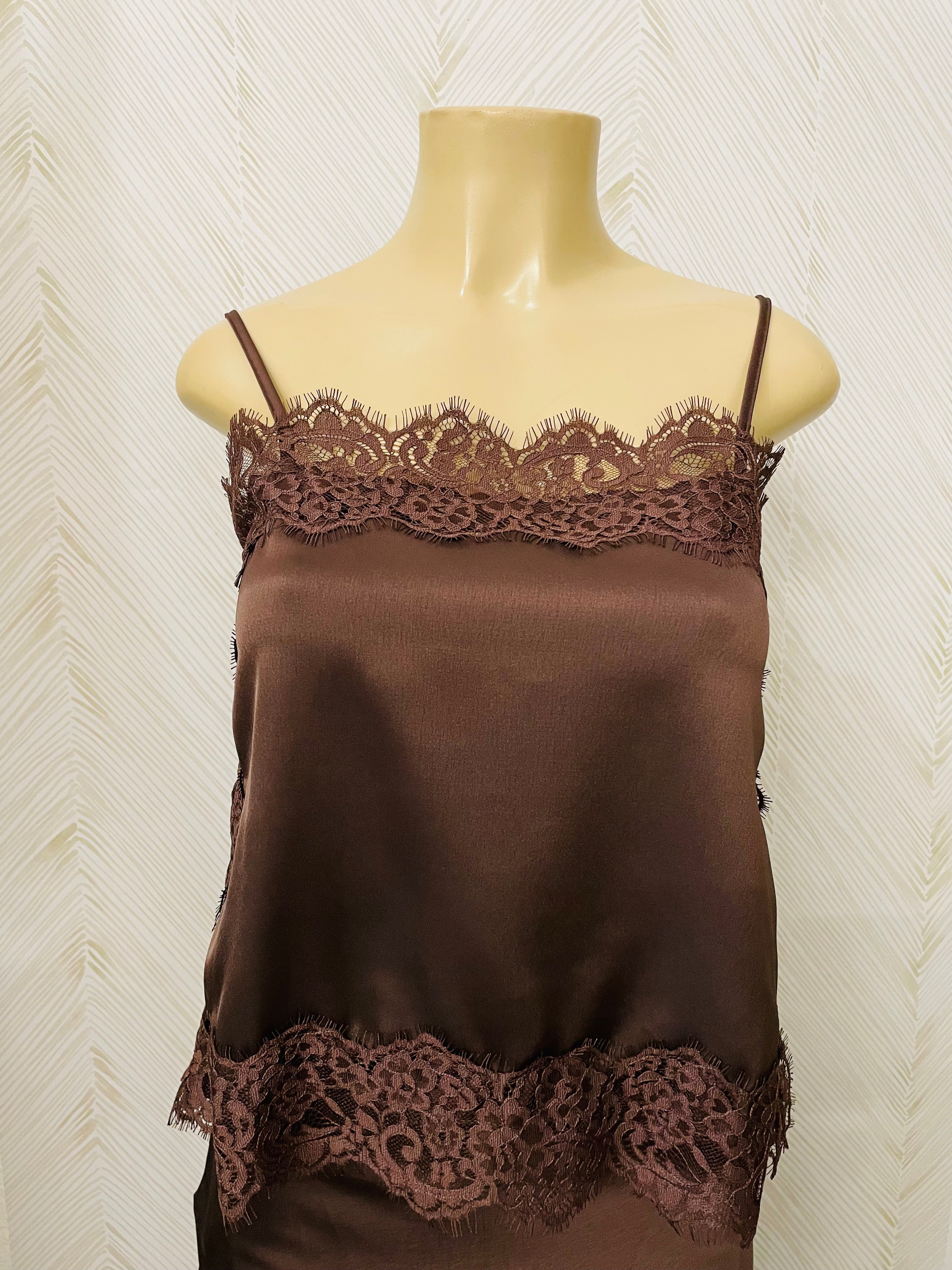 Brown satin lace trim detail cami