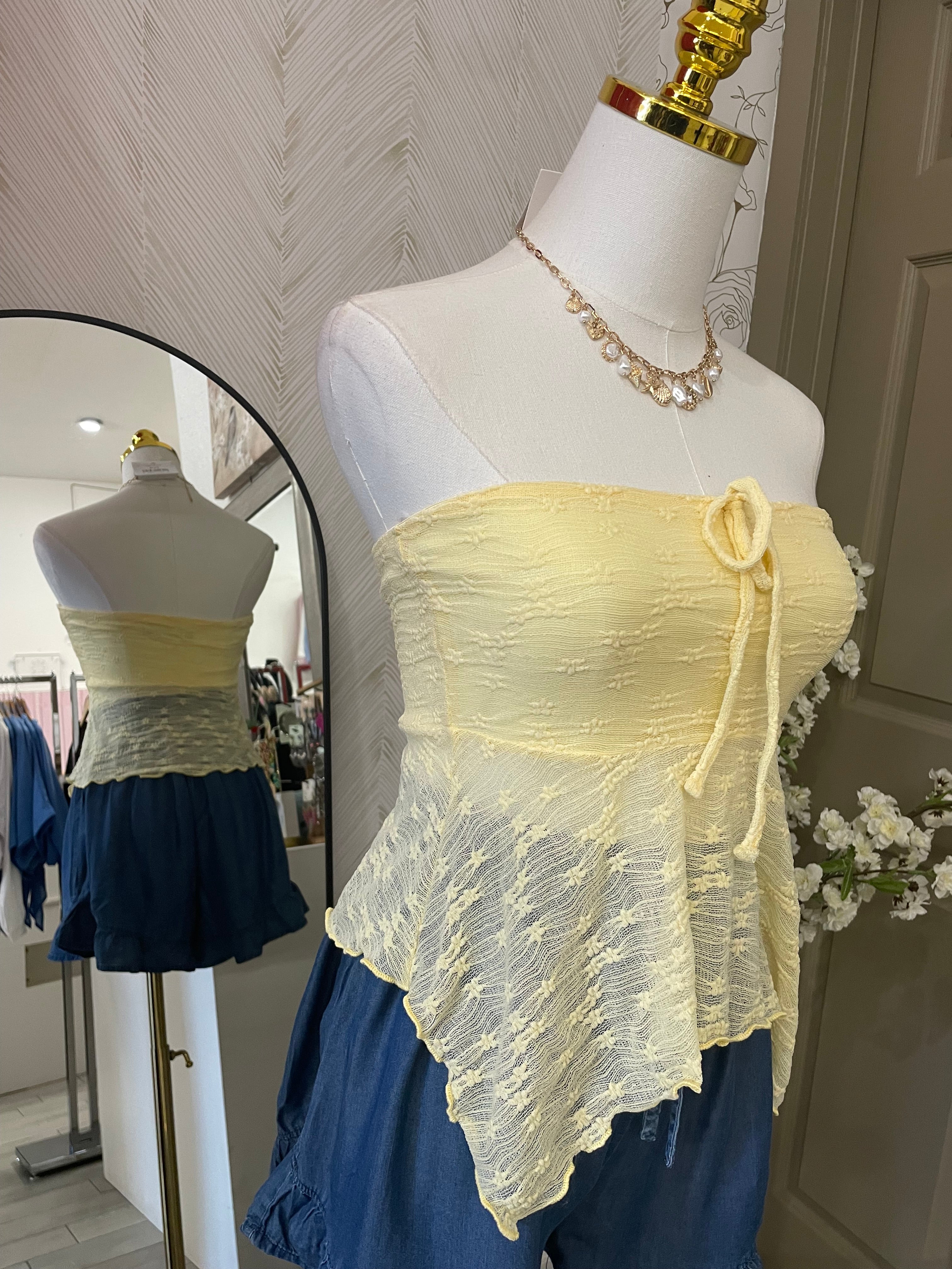 Strapless tube fly-away lace top