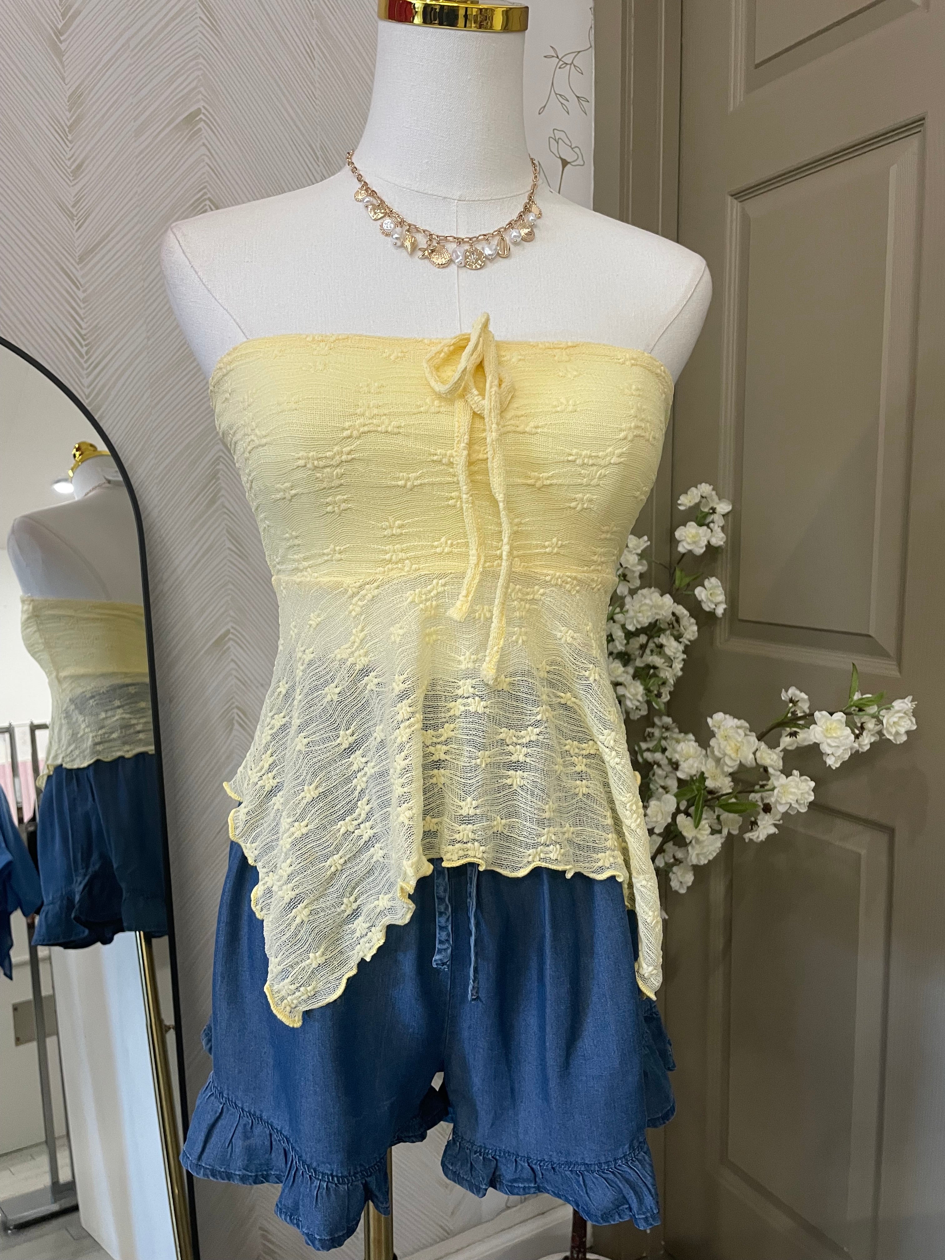 Strapless tube fly-away lace top