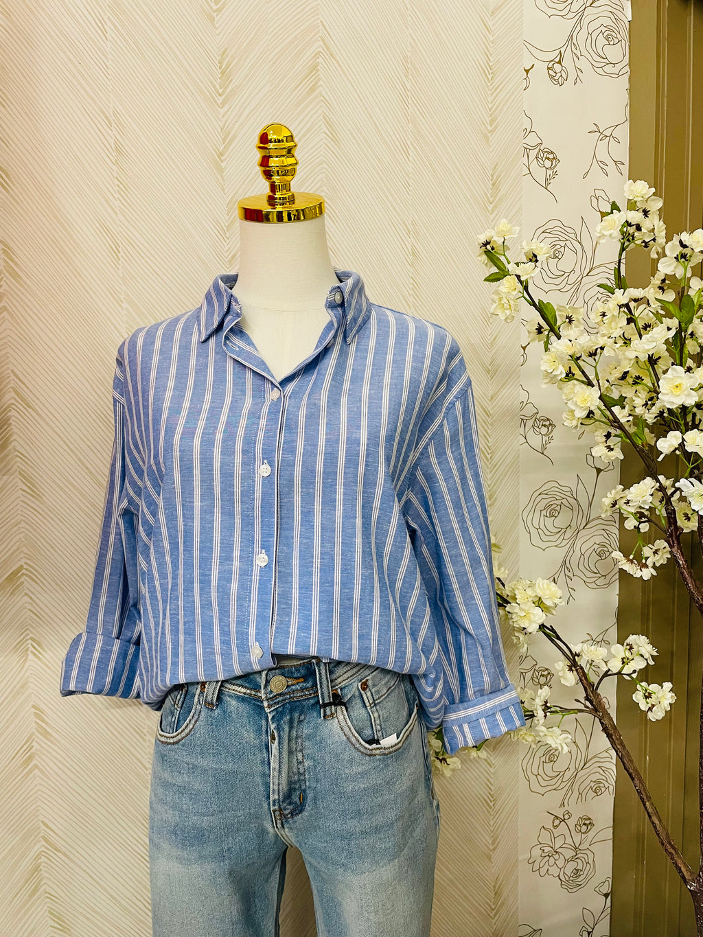 Blue stripe oversized button down shirt