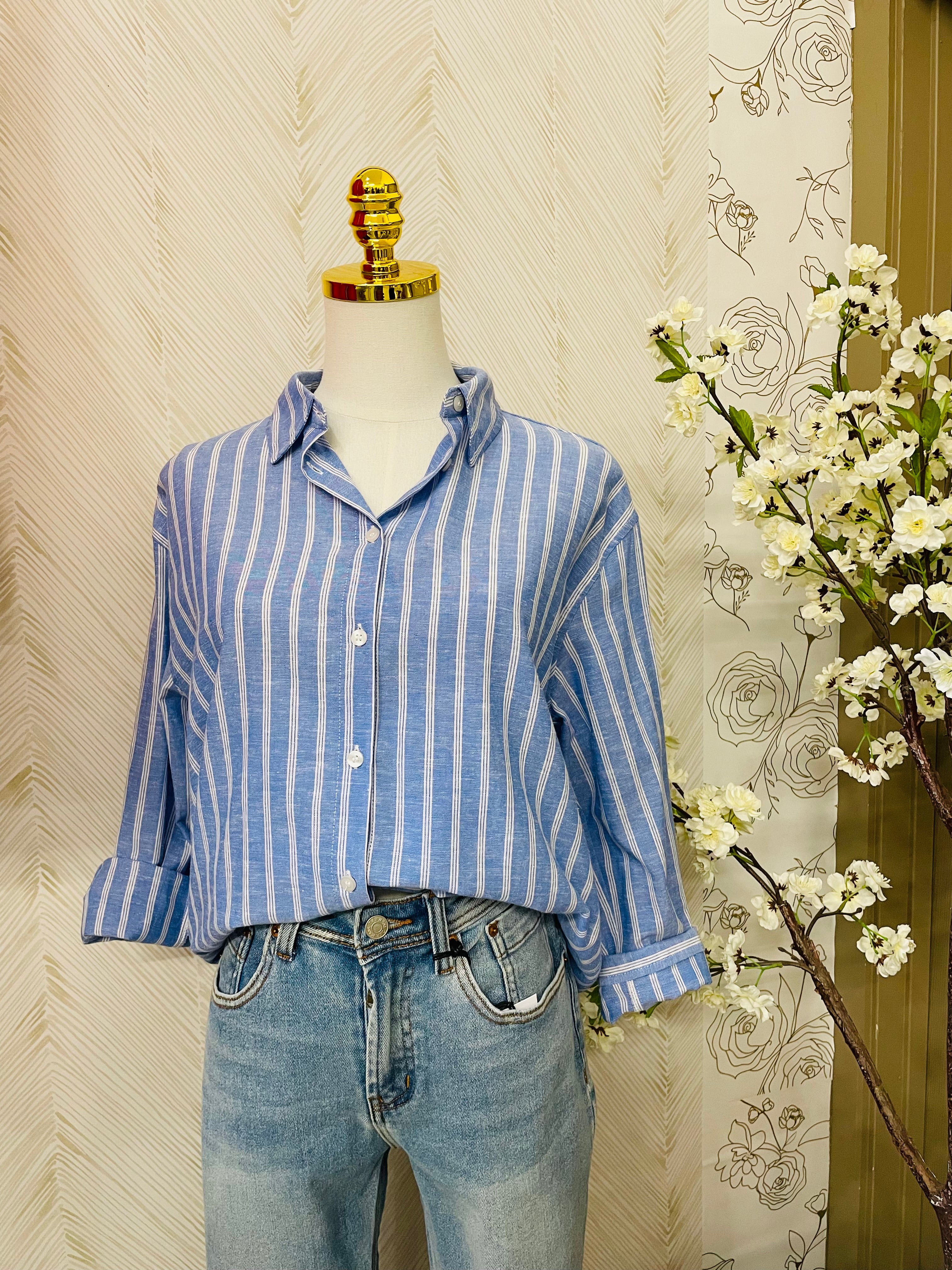 Blue stripe oversized button down shirt