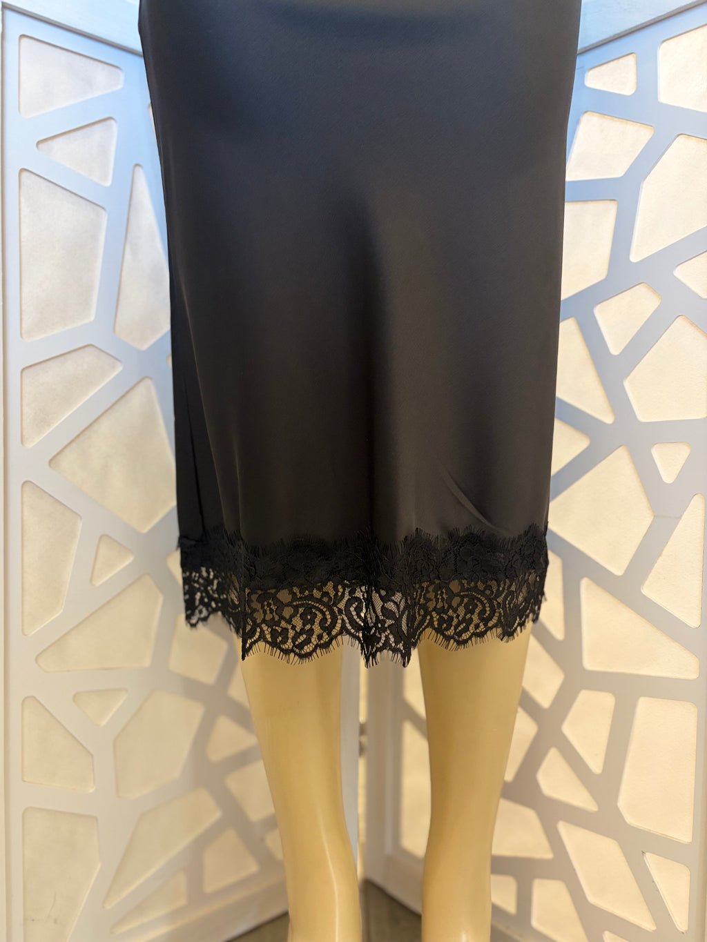Satin Lace Hem Back slit pencil midi skirt