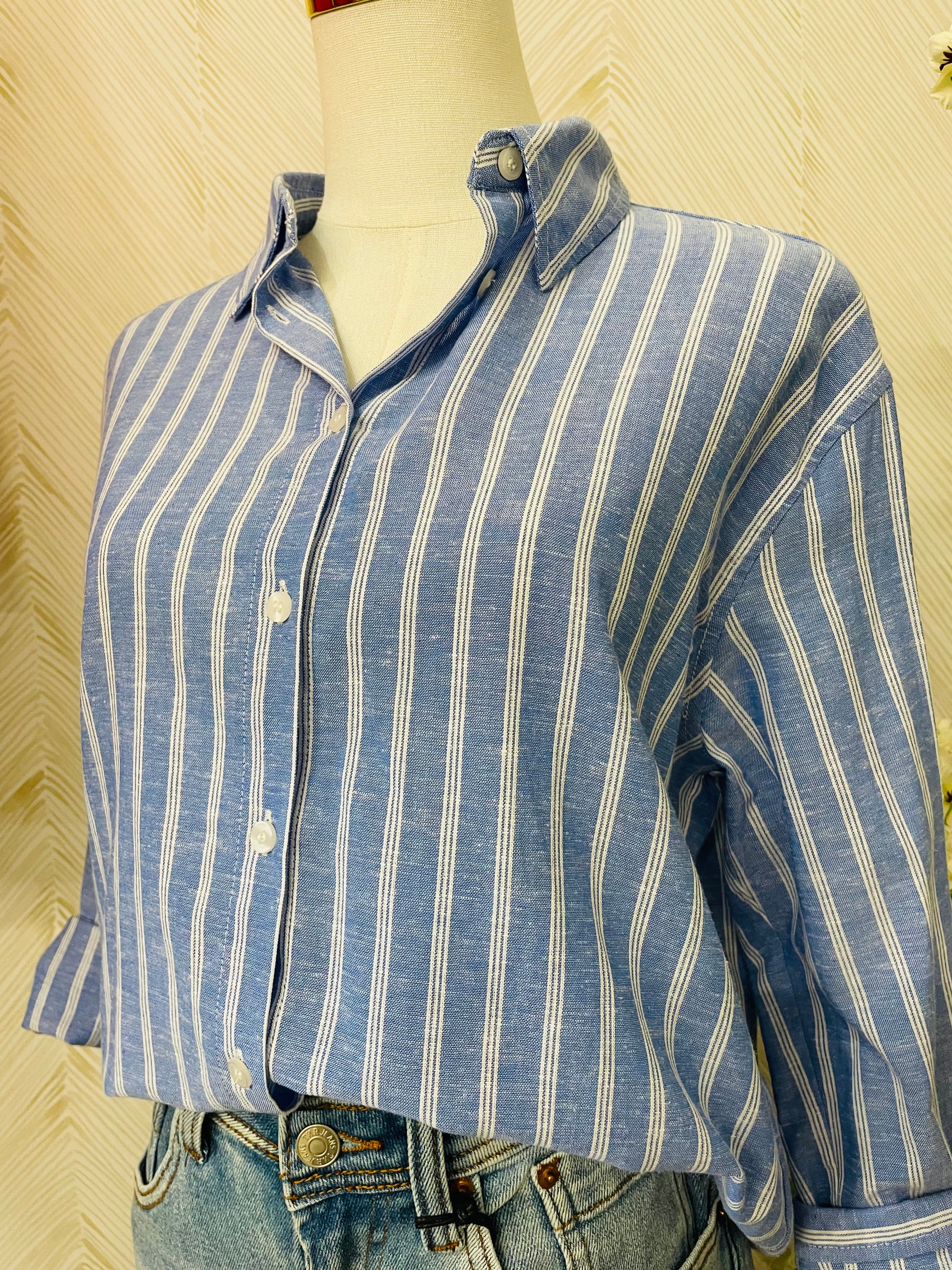 Blue stripe oversized button down shirt