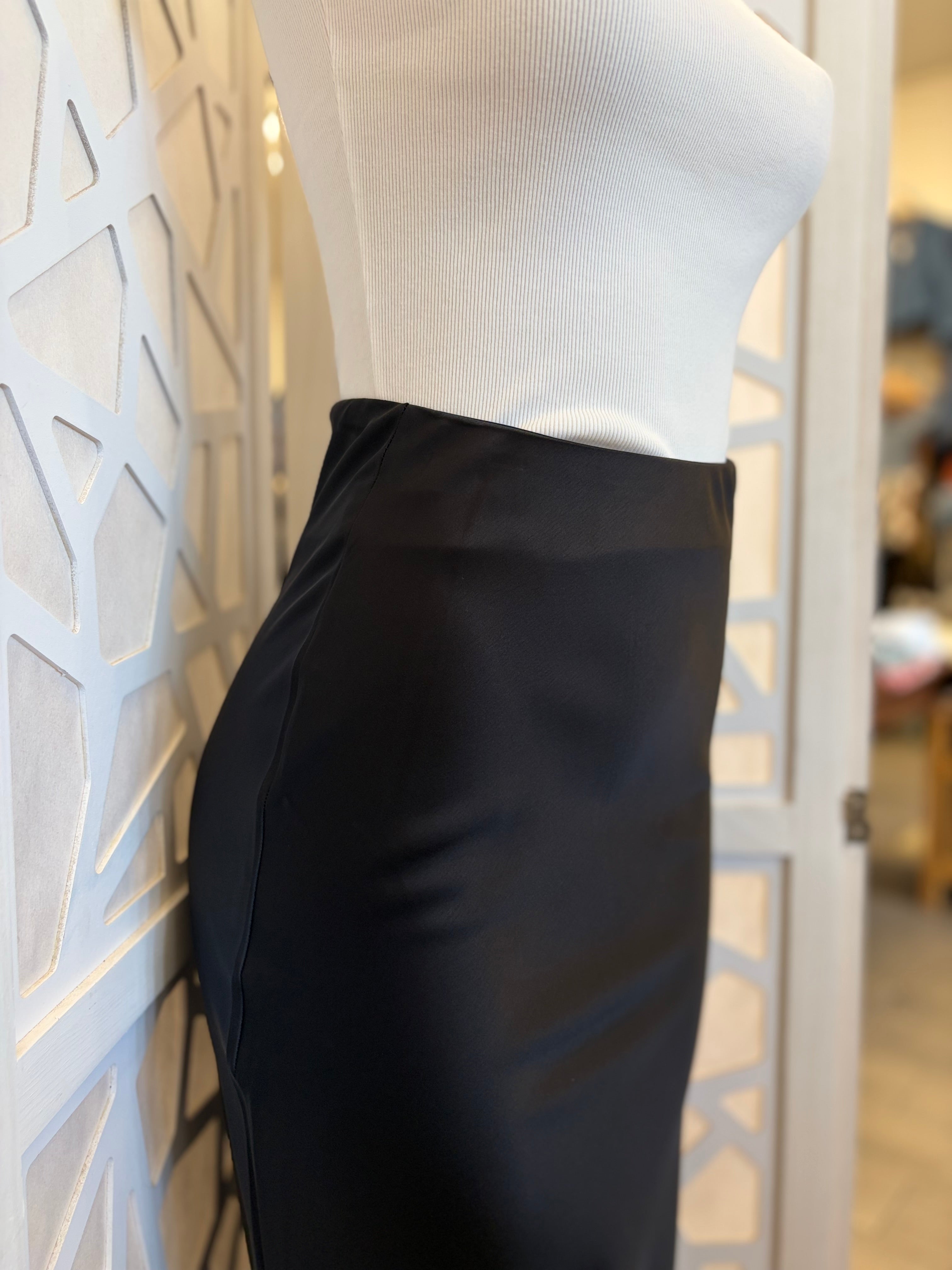 Satin Lace Hem Back slit pencil midi skirt