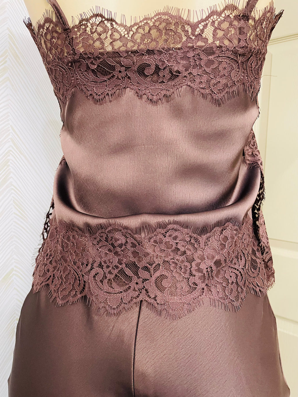 Brown satin lace trim detail cami