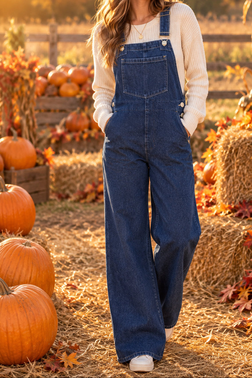 Dark denim wide leg overalls
