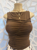 Brown Mesh Boat Neck Ruched Front Sleeveless Top
