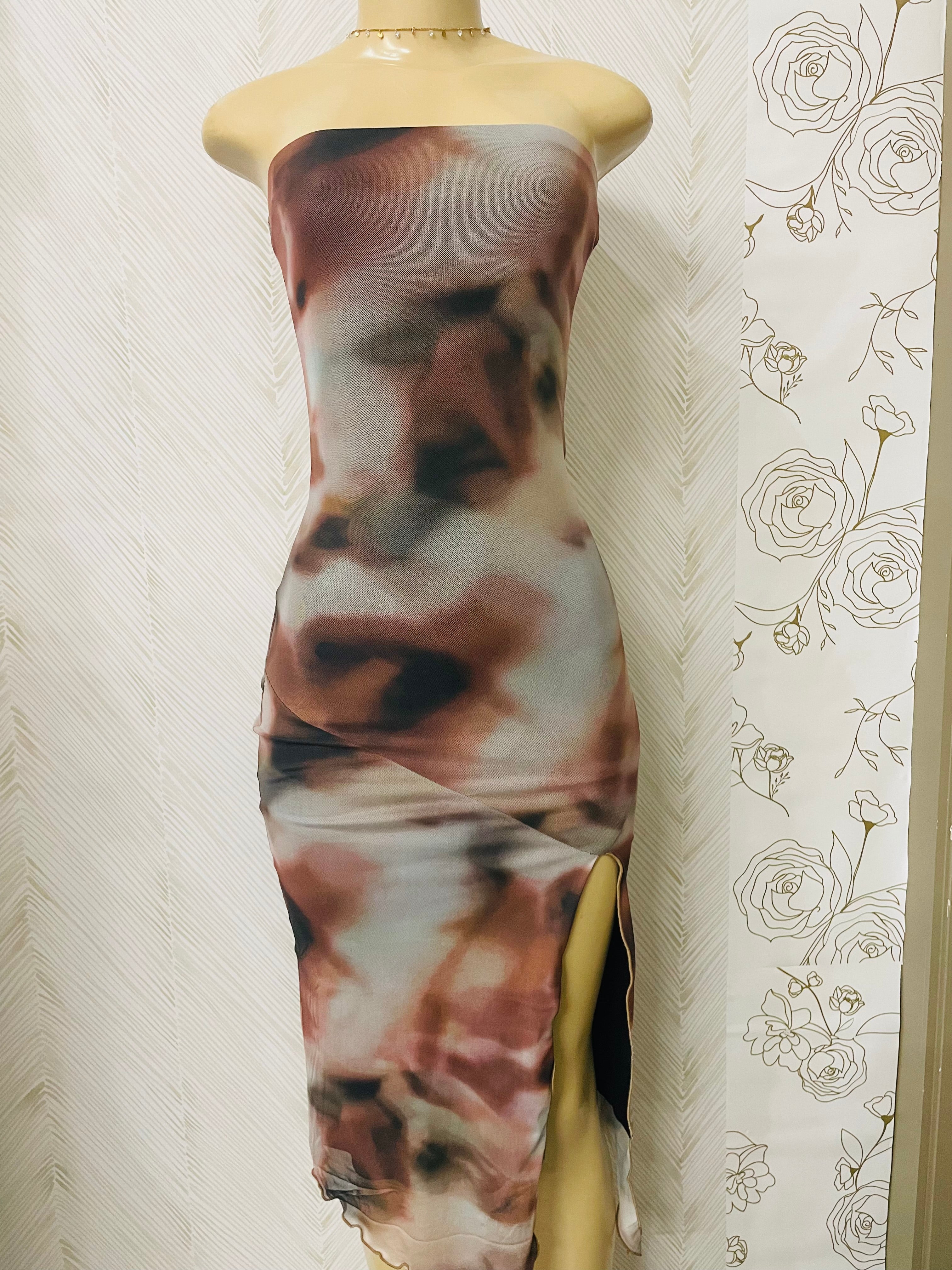 Printed mesh strapless midi dress