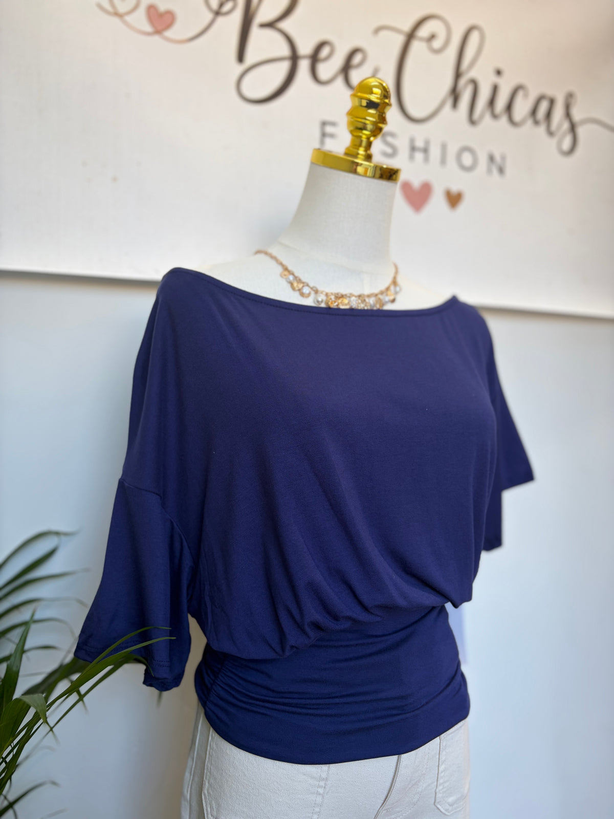 Navy Off Shoulder Ruched Blouse
