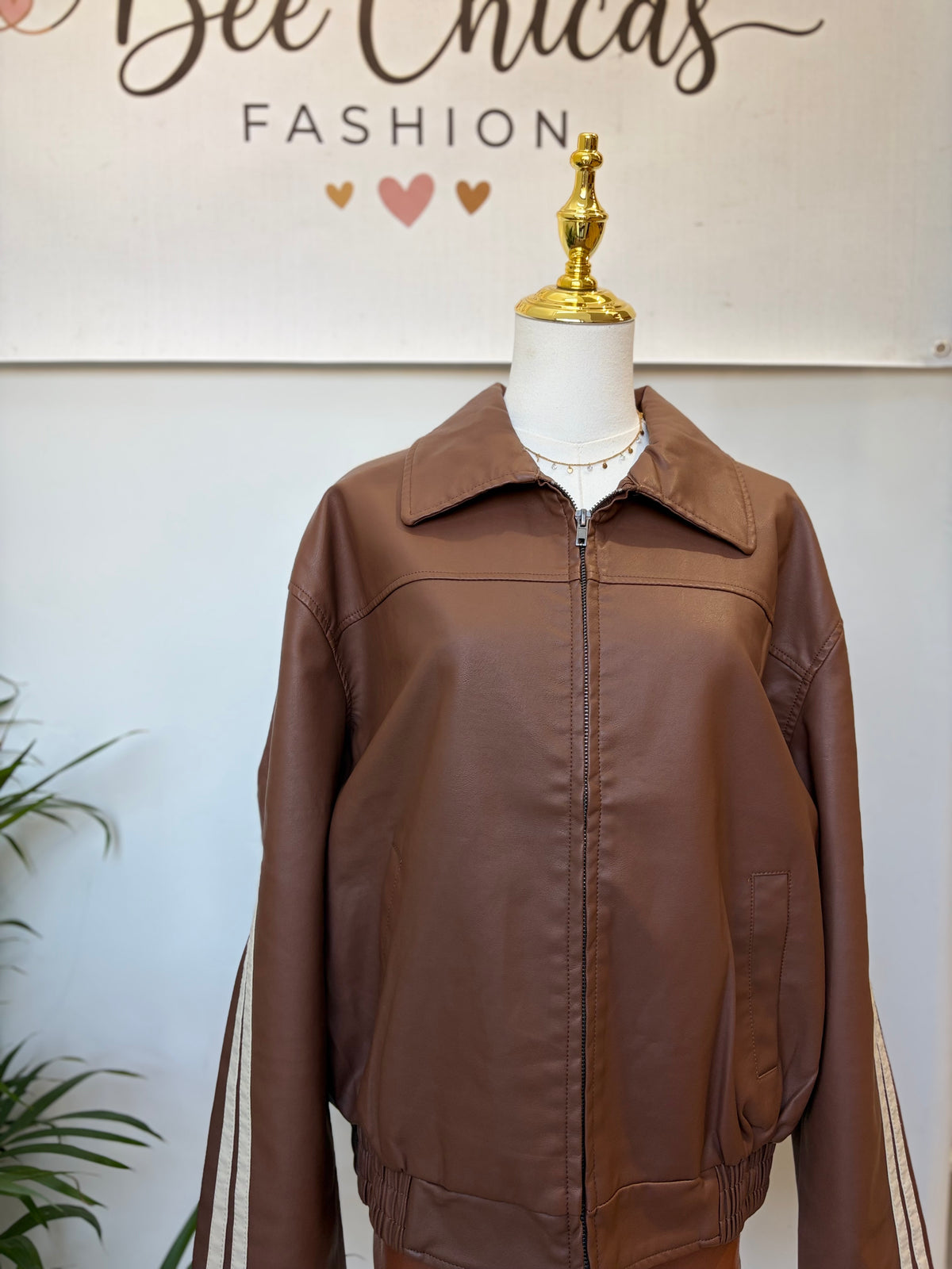Brown Racer Detail Faux Leather Jacket