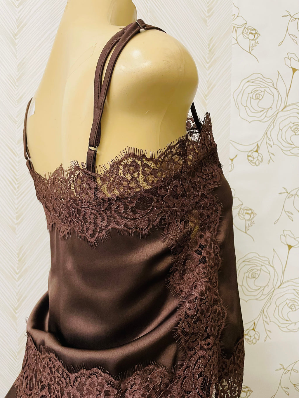 Brown satin lace trim detail cami