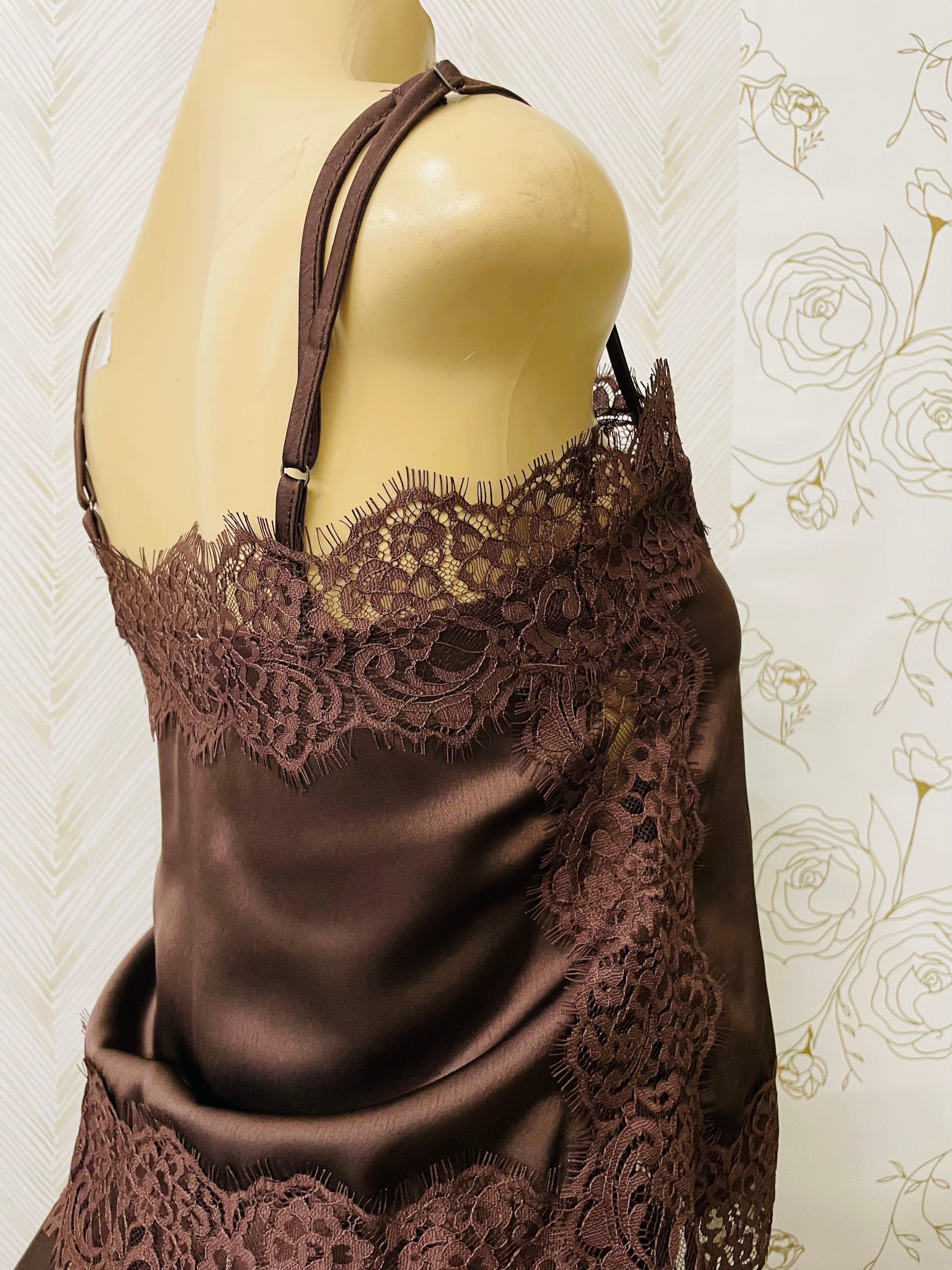 Brown satin lace trim detail cami