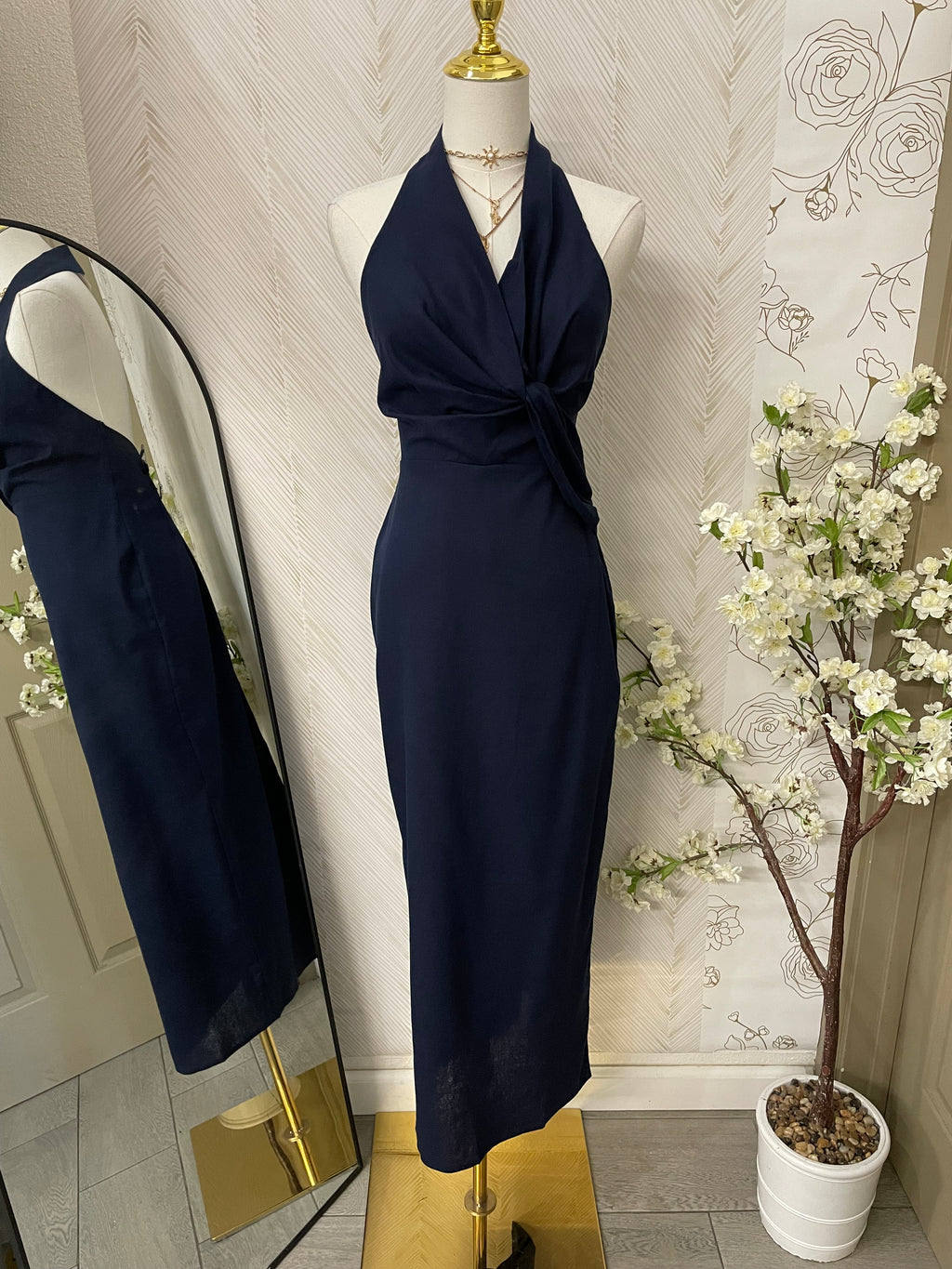 Navy Draped Halter Dress