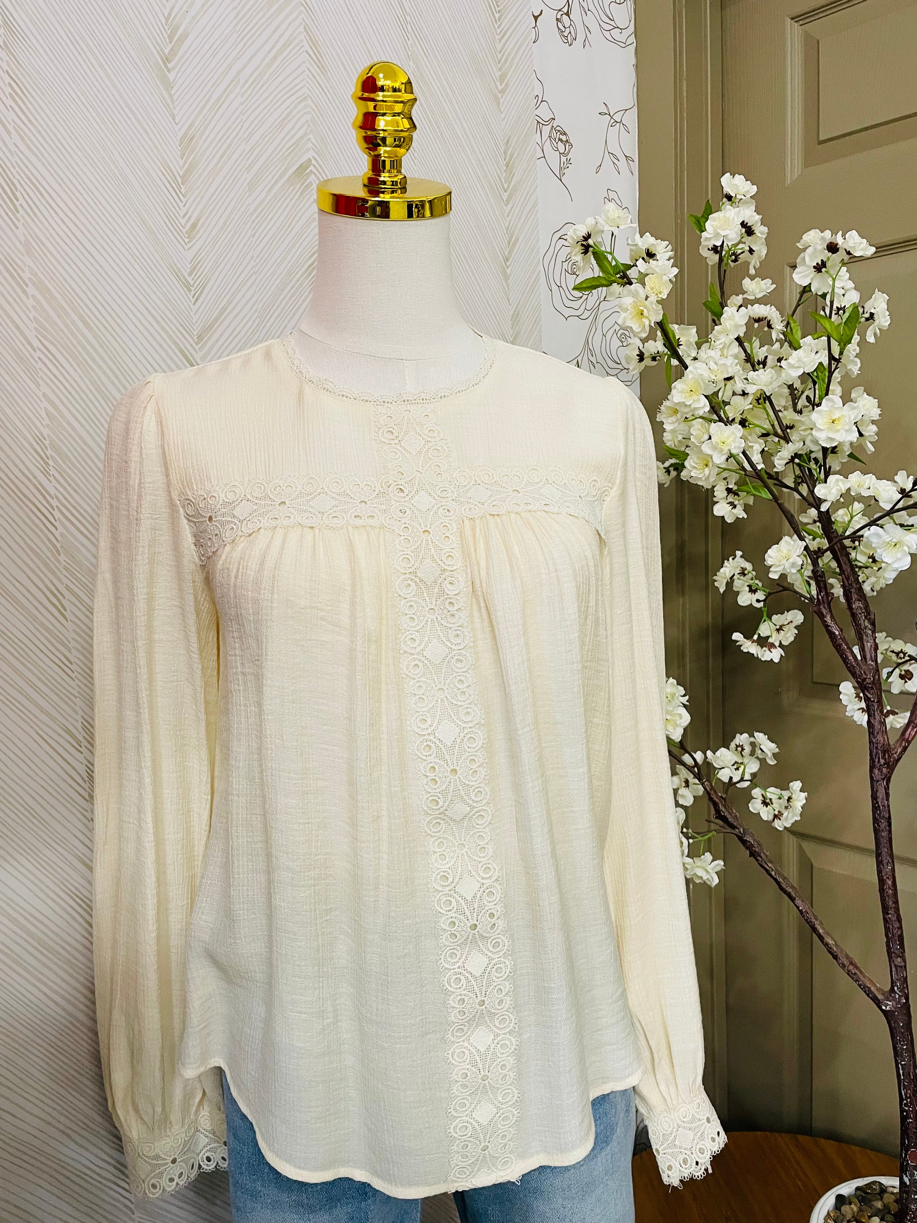 Lace detail round neck long sleeve blouse